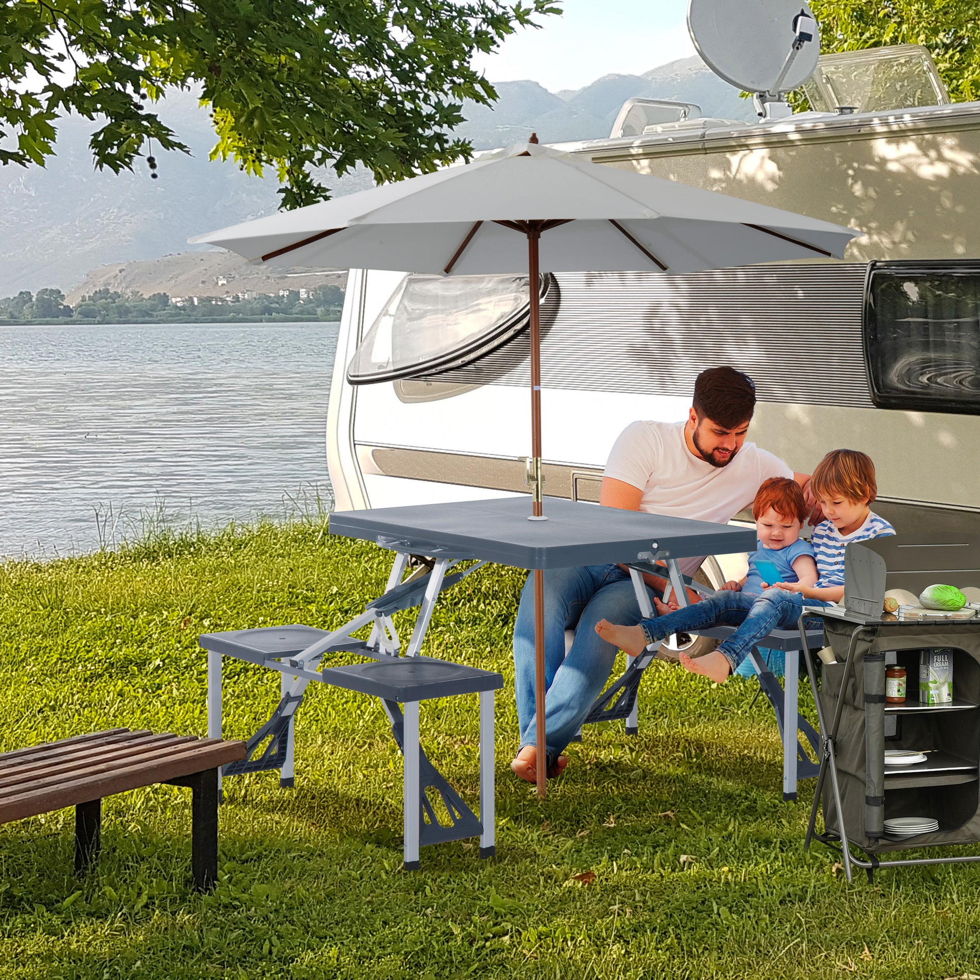 Outsunny Folding Picnic Table With Seats And Umbrella Hole, Portable Camping Chairs Set, 4 Seat, Aluminum Frame, Dark Gray Dark Grey Aluminum