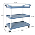 3 Tier Plastic Service Utility Cart With Wheels, Food Service Rolling Cart Heavy Duty 350Lbs Capacity,Commercial Rolling For Restaurant, Household, Office, Warehouse, 40.9''L X 19.6''W X 41.3''H Blue Polyethylene,Pvc