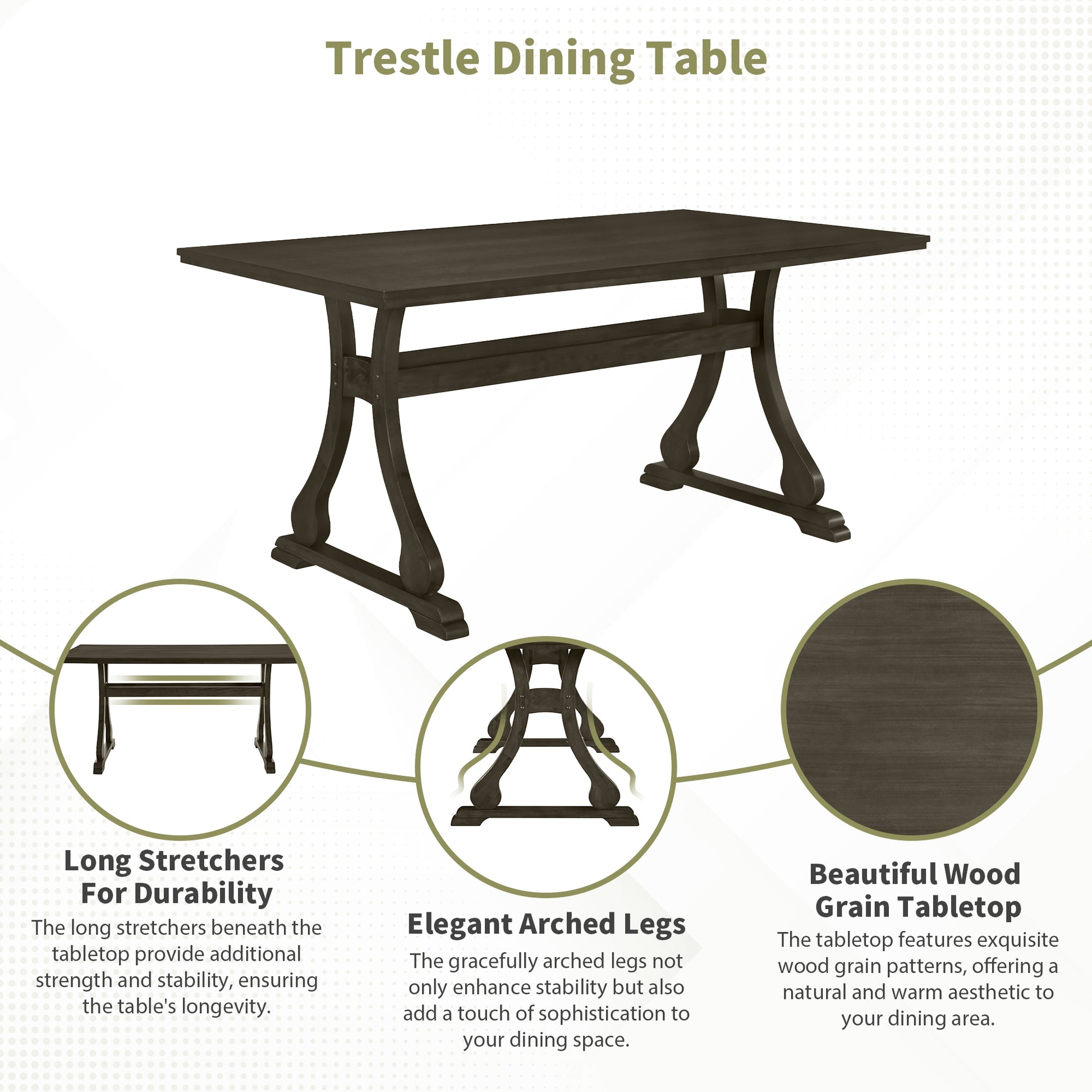 Retro 7 Piece Trestle Dining Table Set With Upholstered Dining Chairs, Smooth Dining Backs For Dining Room, Living Room, Kitchen, Gray Upholstered Chair Wood Gray Seats 6 Wood Dining Room Solid Wood Rubberwood Trestle Rectangular Foam Dining Table With