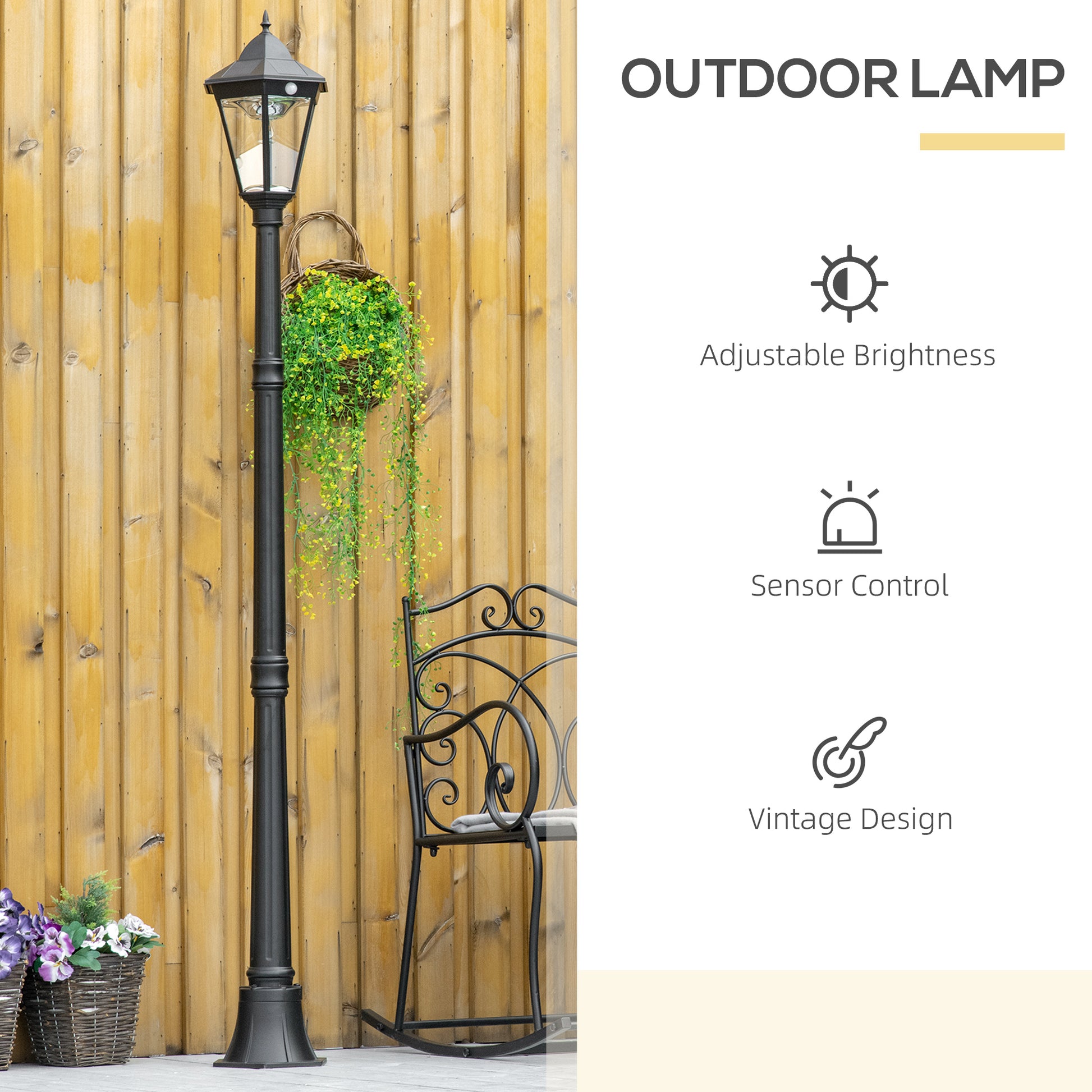 Outsunny 77" Solar Lamp Post Light, Waterproof Aluminum Outdoor Vintage Street Lamp, Motion Activated Sensor Pir, Adjustable Brightness, For Garden, Lawn, Pathway, Driveway, Black Black Aluminum