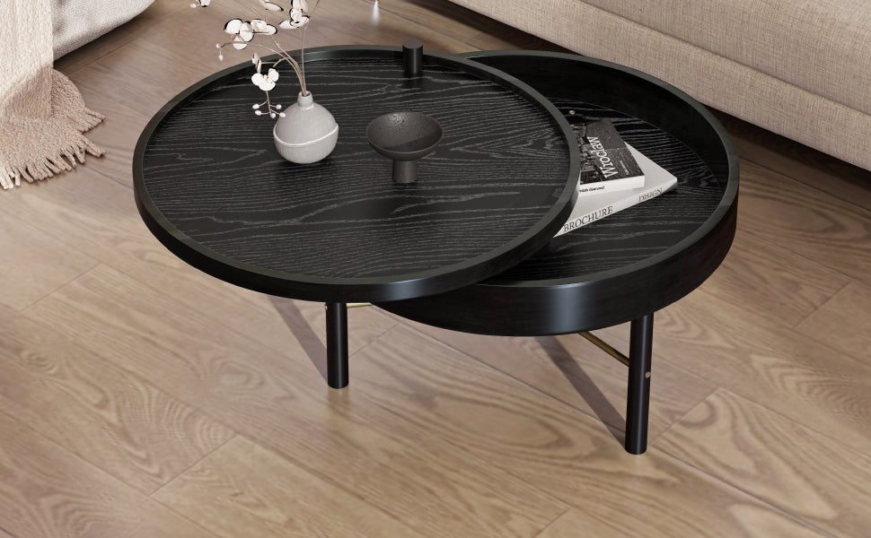 Modern Round Wood Rotating Tray Coffee Table With Storage & Metal Legs In Black Black Metal,Rubber Wood