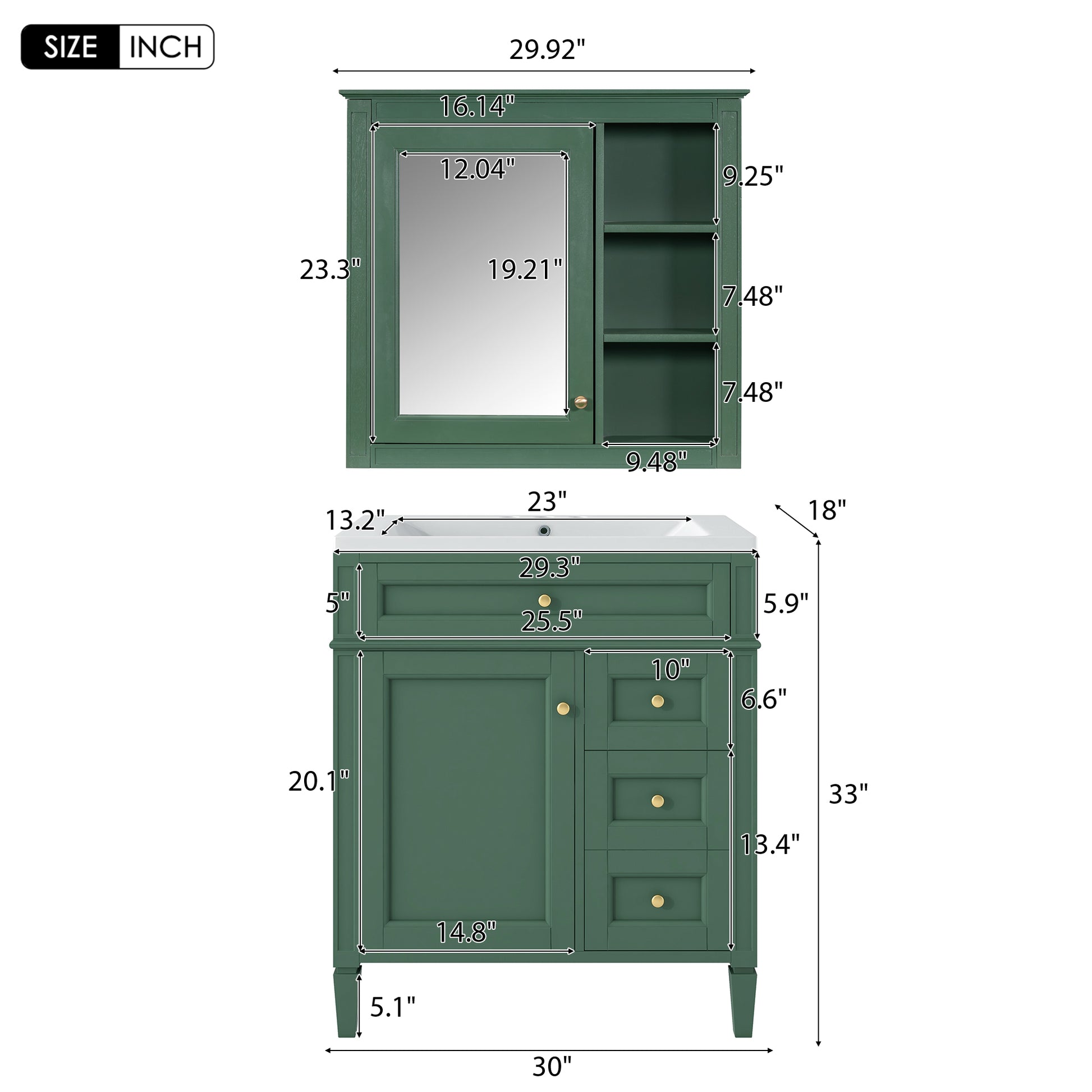 30'' Bathroom Vanity With Top Sink, Modern Bathroom Storage Cabinet With 2 Drawers And A Tip Out Drawer, Freestanding Vanity Set With Mirror Cabinet, Single Sink Bathroom Vanity 3 Green 2 4 Adjustable Hinges Bathroom Freestanding Solid Wood Mdf Resin