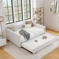 Full Size Daybed With Trundle Upholstered Sofa Bed, With Vertical Stripes, Linen Fabric, Beige 82.5