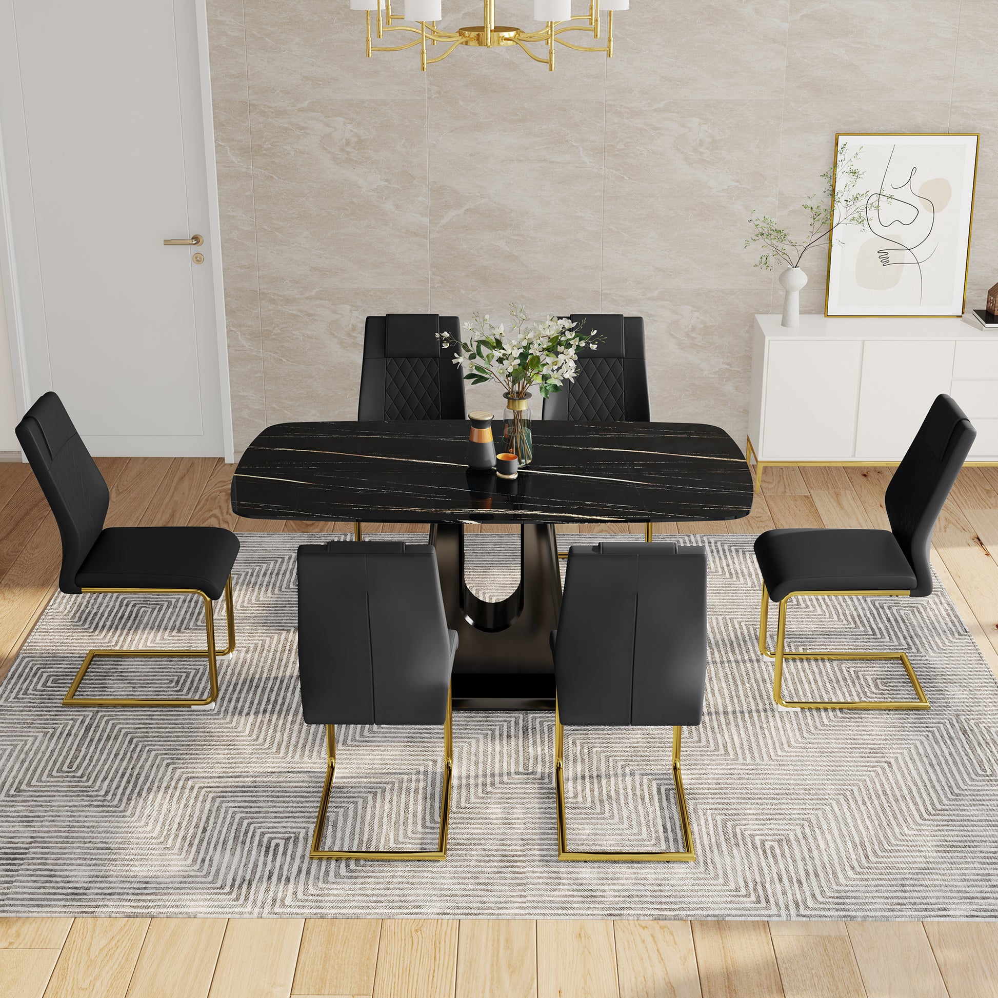 Table And Chair Set, Minimalist Dining Table, Imitation Marble Patterned Glass Tabletop, Mdf Legs With U Shaped Brackets. Paired With Comfortable Chairs, Suitable For Dining And Living Rooms. Black Gold Mdf Glass