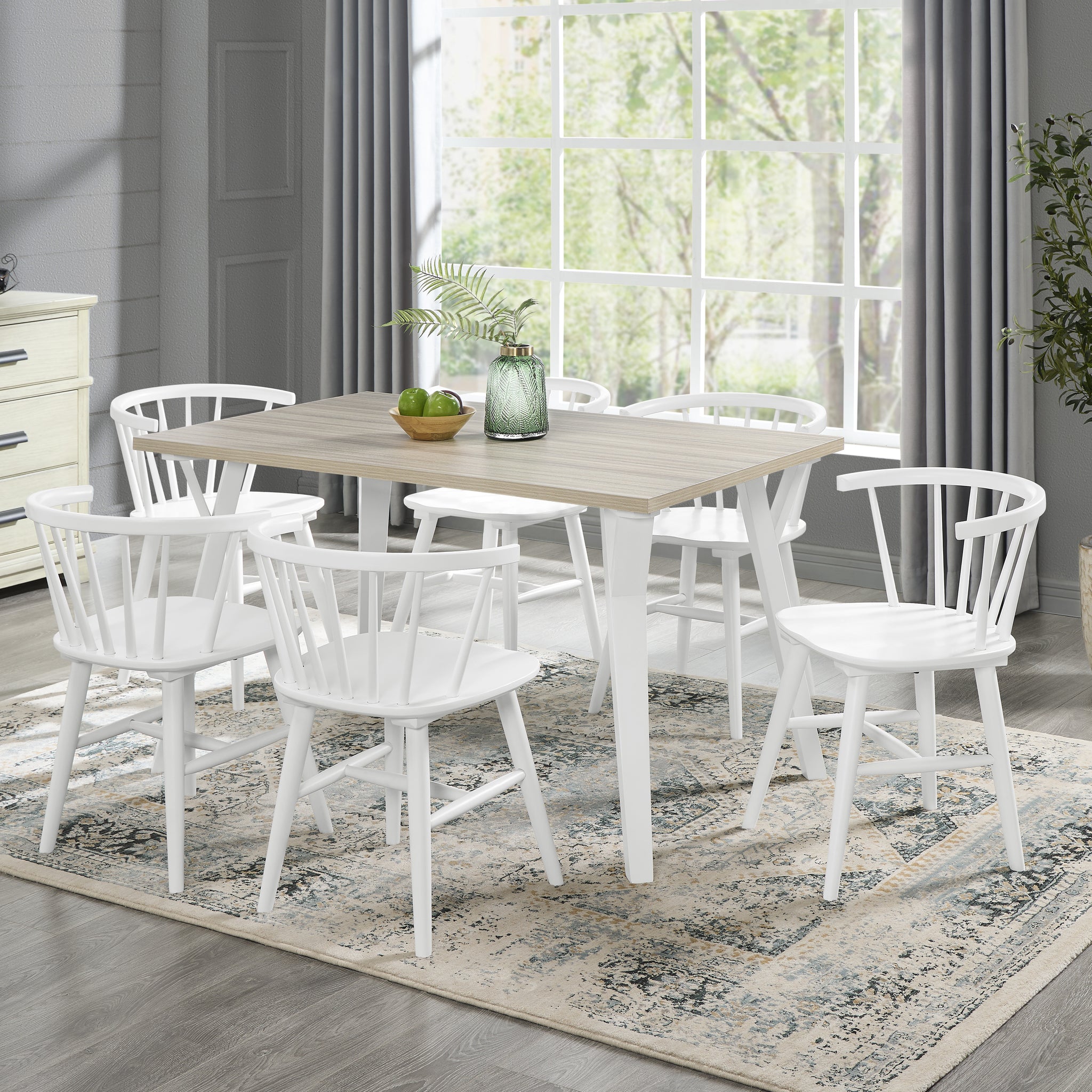 Alwynn White And Natural Wood 7 Piece Dining Set, Dining Table With 6 Stylish Windsor Chairs Wood Wood Brown Antique White Seats 6 Wood Dining Room Fixed Table Rectangular 4 Leg Rectangular Dining Table With Chair Mdf