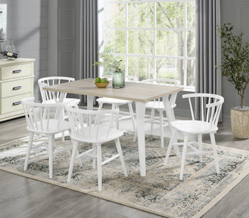 Alwynn White And Natural Wood 7 Piece Dining Set, Dining Table With 6 Stylish Windsor Chairs Wood Wood Brown Antique White Seats 6 Wood Dining Room Fixed Table Rectangular 4 Leg Rectangular Dining Table With Chair Mdf