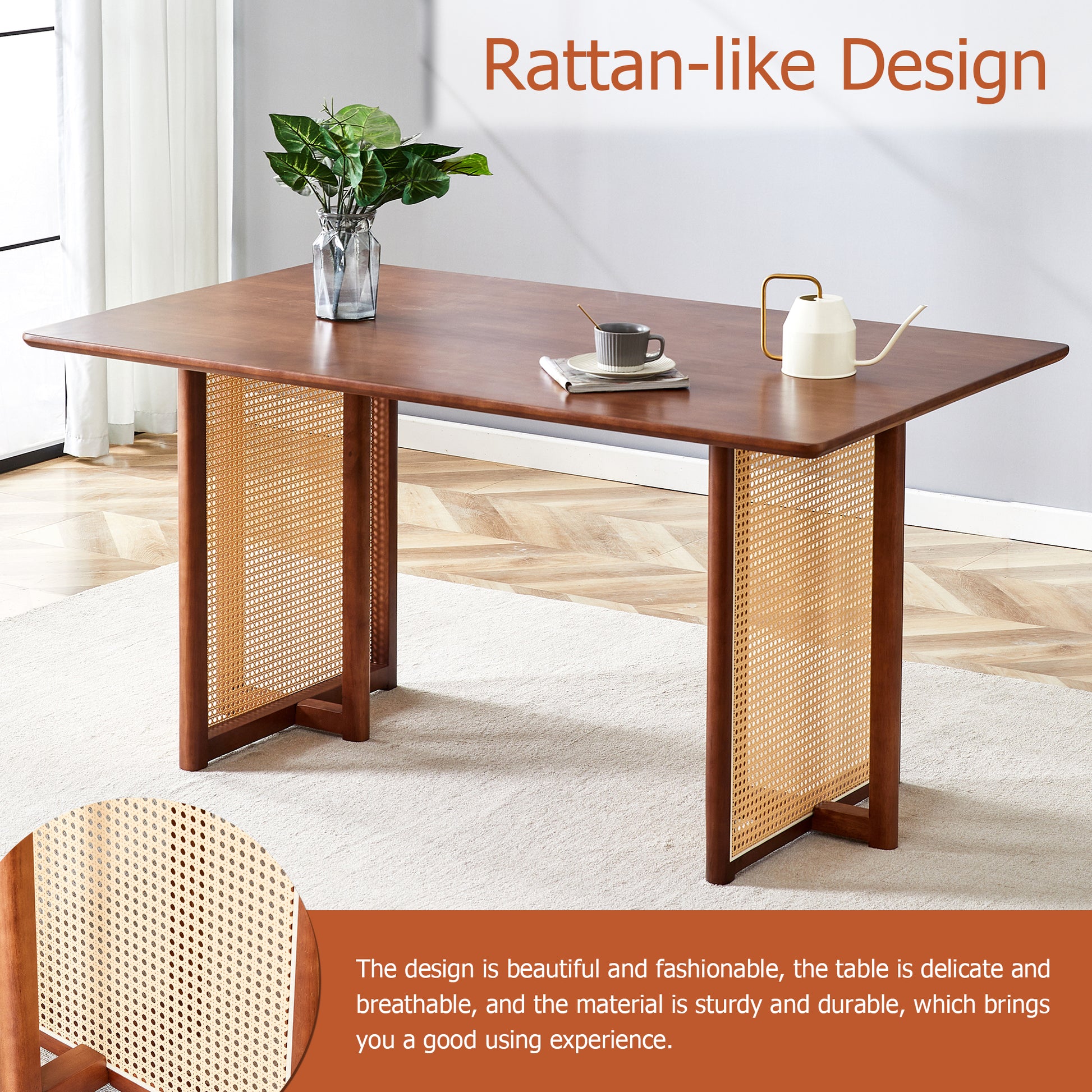 Chinese Country Retro Solid Wood Dining Table, Simple Modern Imitation Rattan Dining Table, Wooden Dining Table, Desk. Suitable For Dining Room, Living Room, Office Walnut Rubber Wood