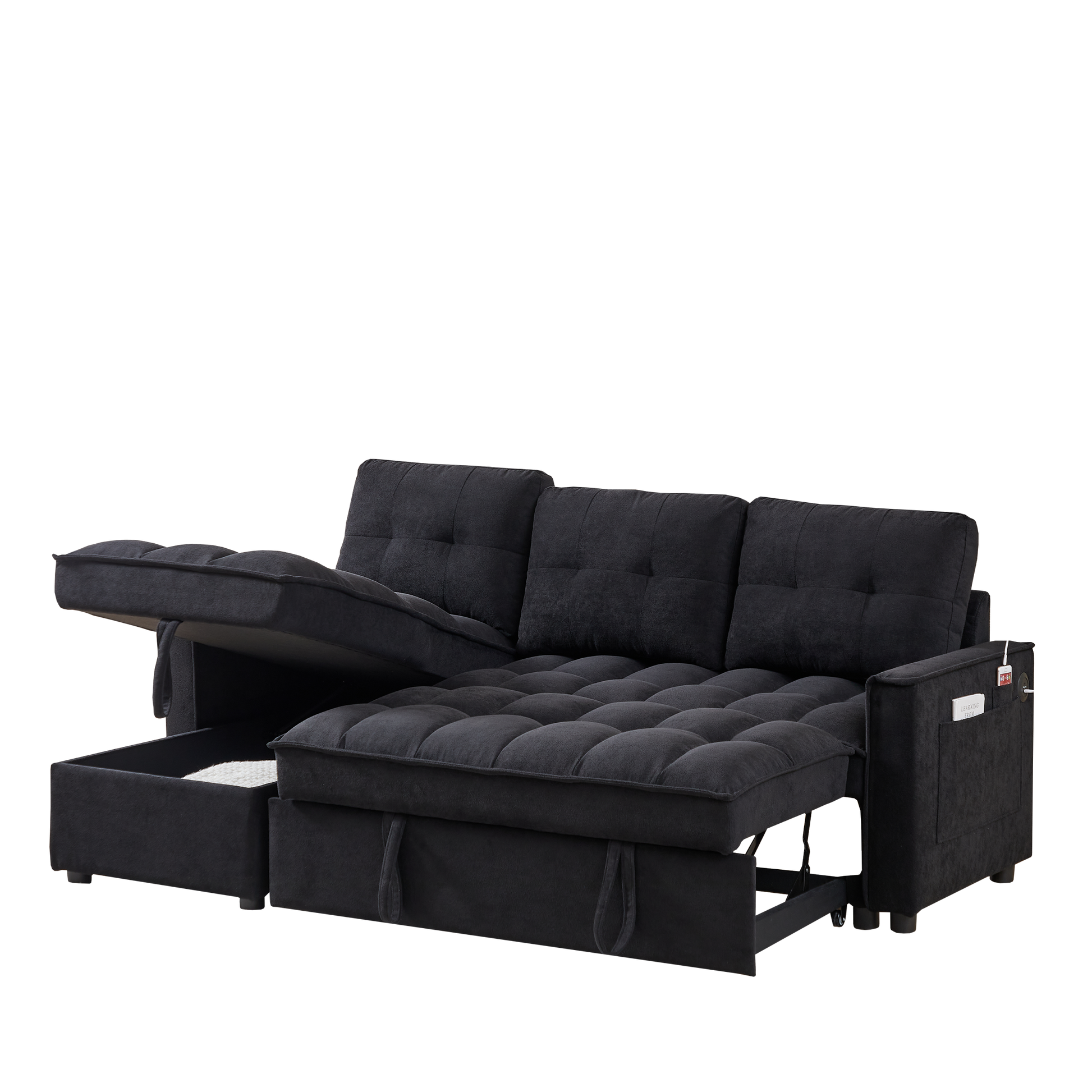 Mh 78.75" Reclining Sofa, Pull Out Sofa Bed With Usb And Tape C Charging Ports, L Shaped Sectional Sofa With Reclining Storage And Arm Side Organizer Pocket Features, Living Room Comfort Sofa Black Chenille Wood Primary Living Space Eucalyptus Foam