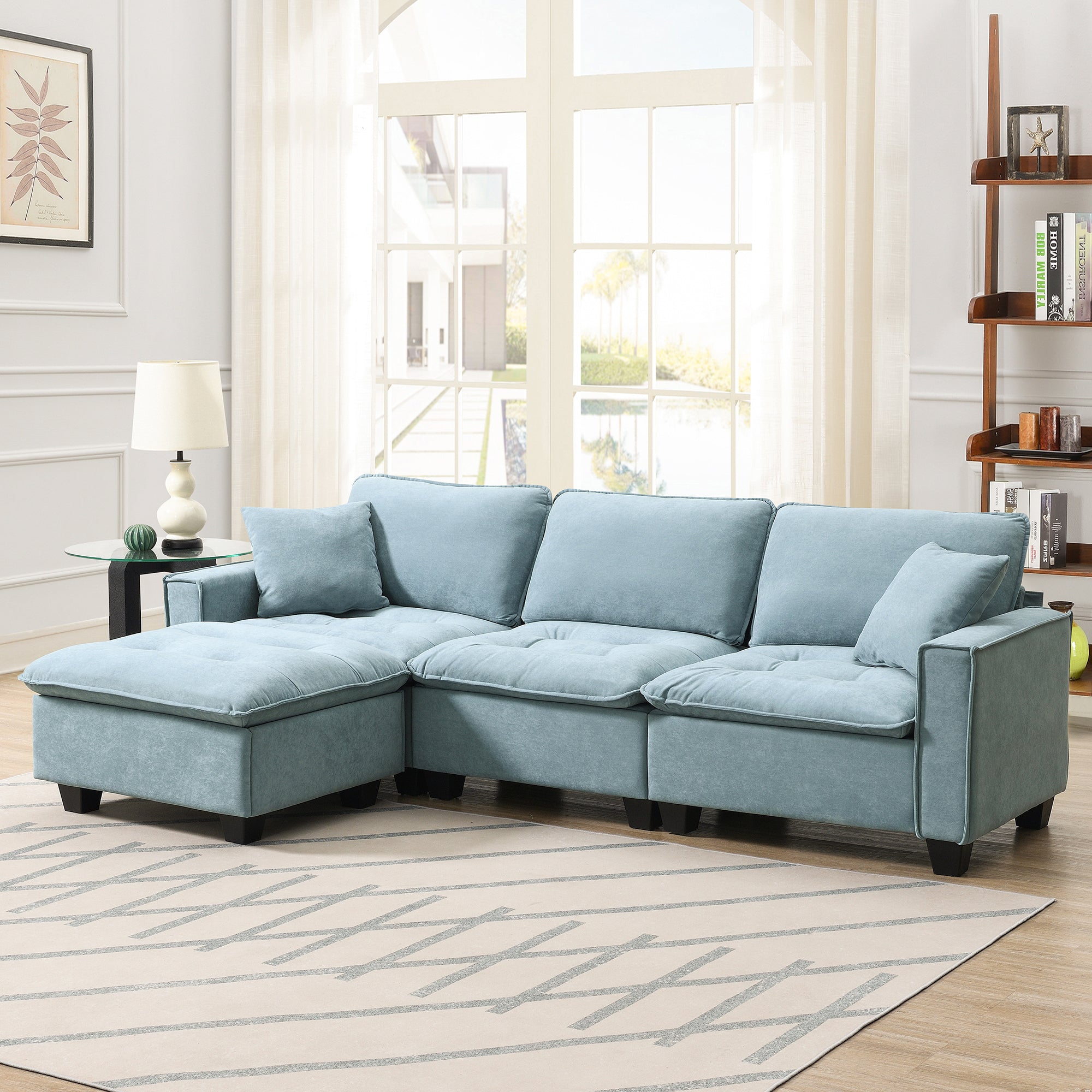 100*59" Modern Convertible Sectional Sofa,L Shaped Reversible Couch Set With Free Pillows,4 Seat Suede Velvet Sleeper Sofa With Ottoman For Living Room,Apartment,Office,3 Colors Light Blue Suede 4 Seat