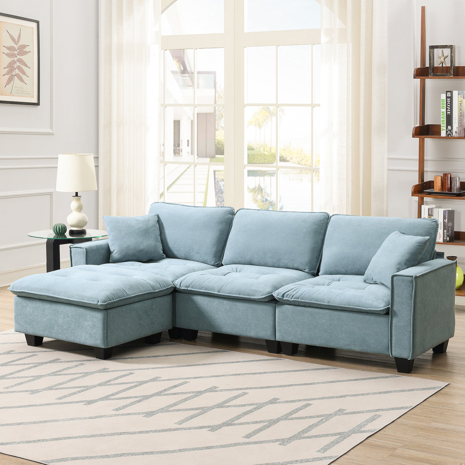 100*59" Modern Convertible Sectional Sofa,L Shaped Reversible Couch Set With Free Pillows,4 Seat Suede Velvet Sleeper Sofa With Ottoman For Living Room,Apartment,Office,3 Colors Light Blue Suede 4 Seat