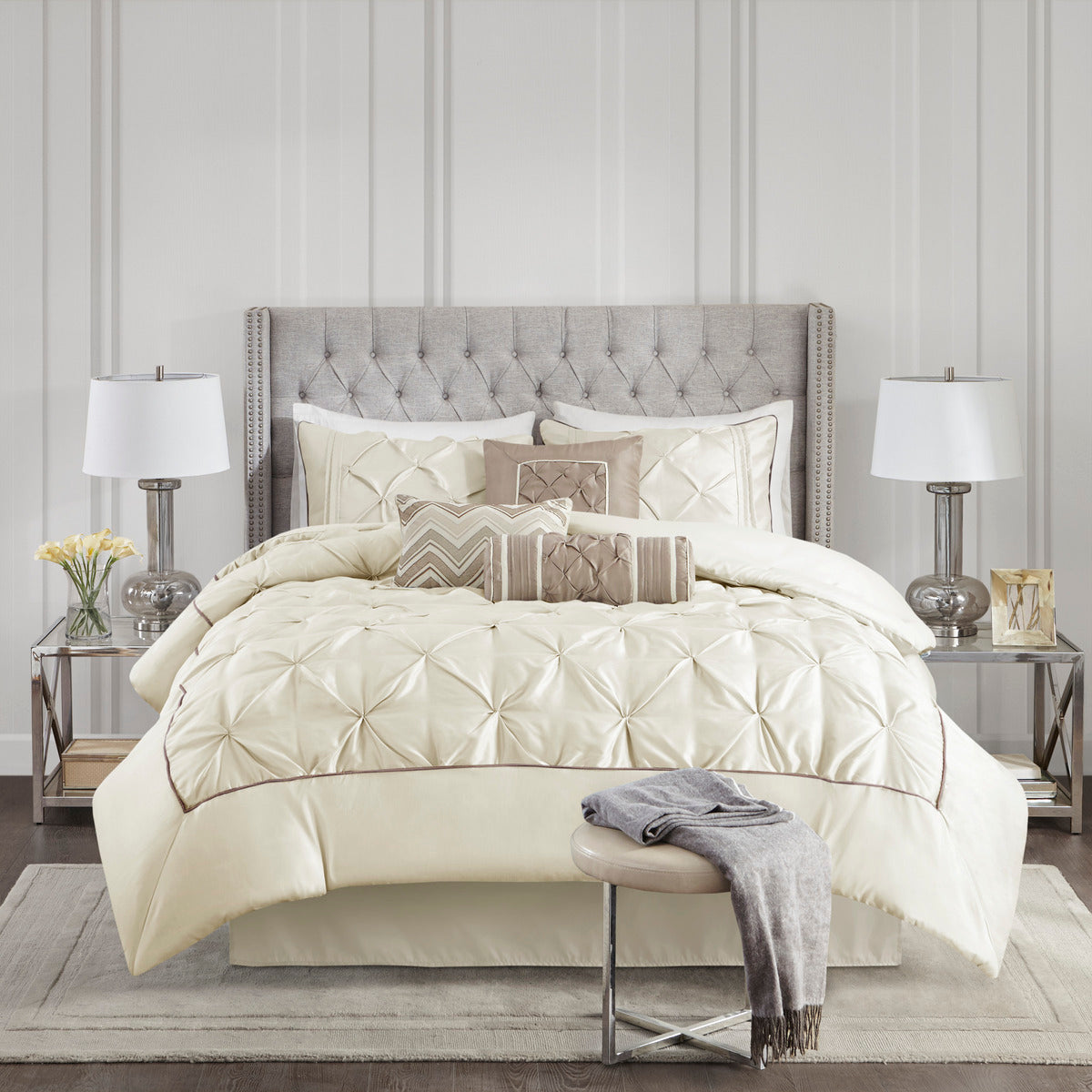 7 Piece Tufted Comforter Set Ivory Cal King California King Ivory Polyester