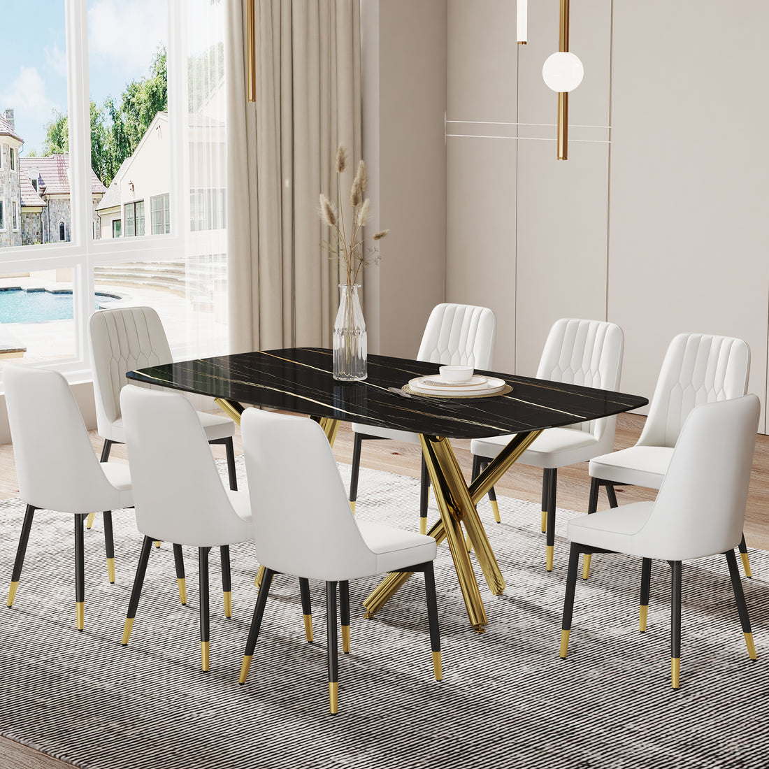 Large Modern Minimalist Rectangular Dining Table With 0.39 "Imitation Marble Black Tabletop And Golden Metal Legs, Paired With Chairs With Pu Cushions And Black Metal Legs. F 1538 C 007 Black Gold Glass Metal