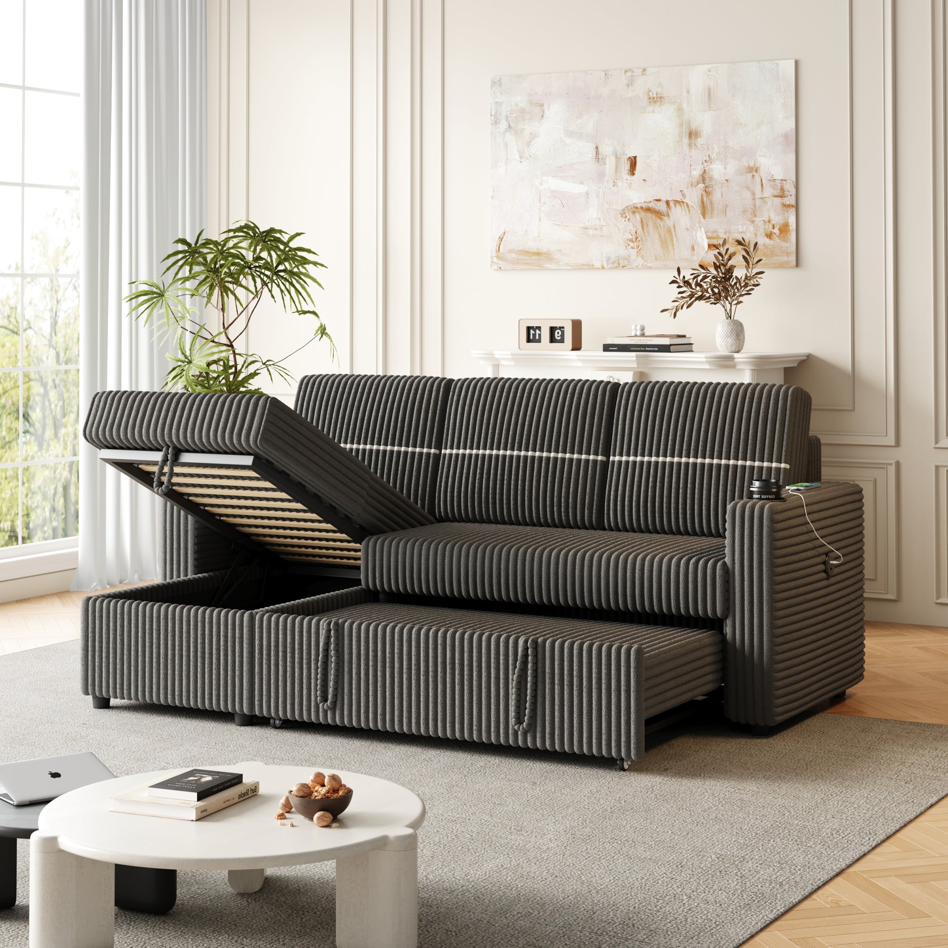 85 Inches Corduroy Sofa Bed, 3 Seater Sleeper Sofa With Storage Chaise, Square Handrail With Two Cup Holder And Usb Charge Port, Pull Out Couch For Living Room Dark Grey Corduroy 3 Seat