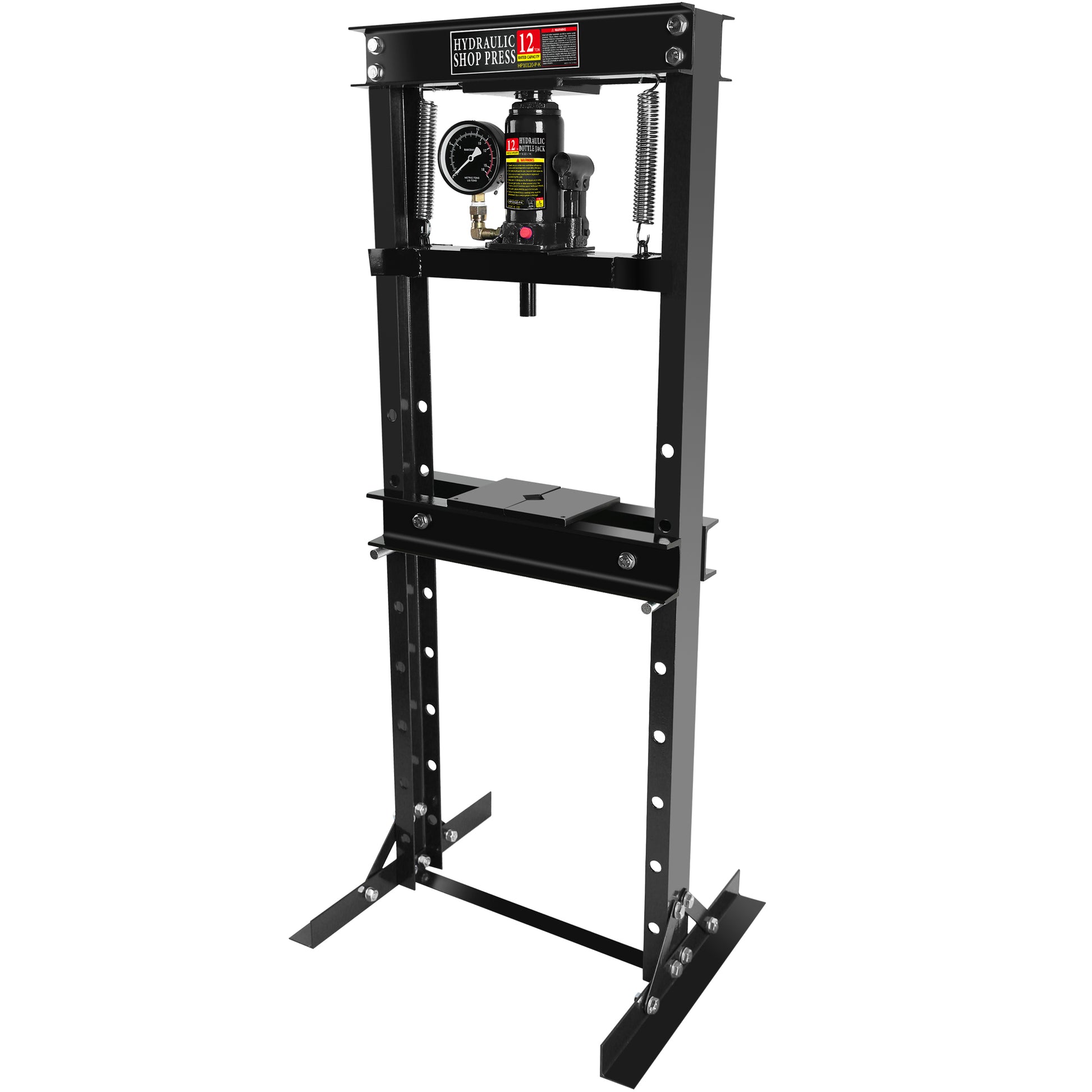 Steel H Frame Hydraulic Garage Shop Floor Press With Stamping Plates, With A Pressure Gauge,12 Ton 24,000 Lb Capacity, Black Black Steel