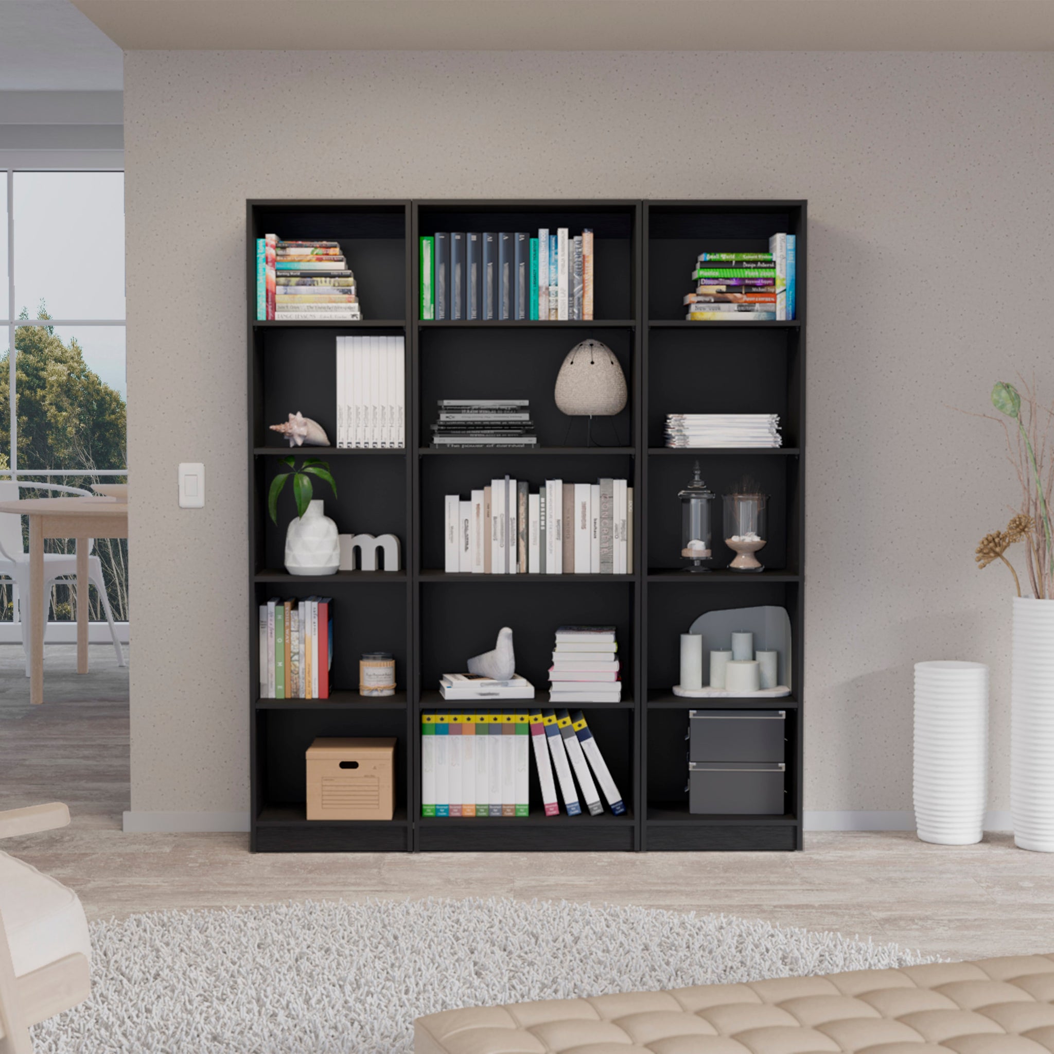 Bartow 3 Piece Home Bookcase Set, 60" Wide With 15 Shelvesliving Room Set Set Black Freestanding 5 Or More Shelves Black Office Open Storage Space Particle Board