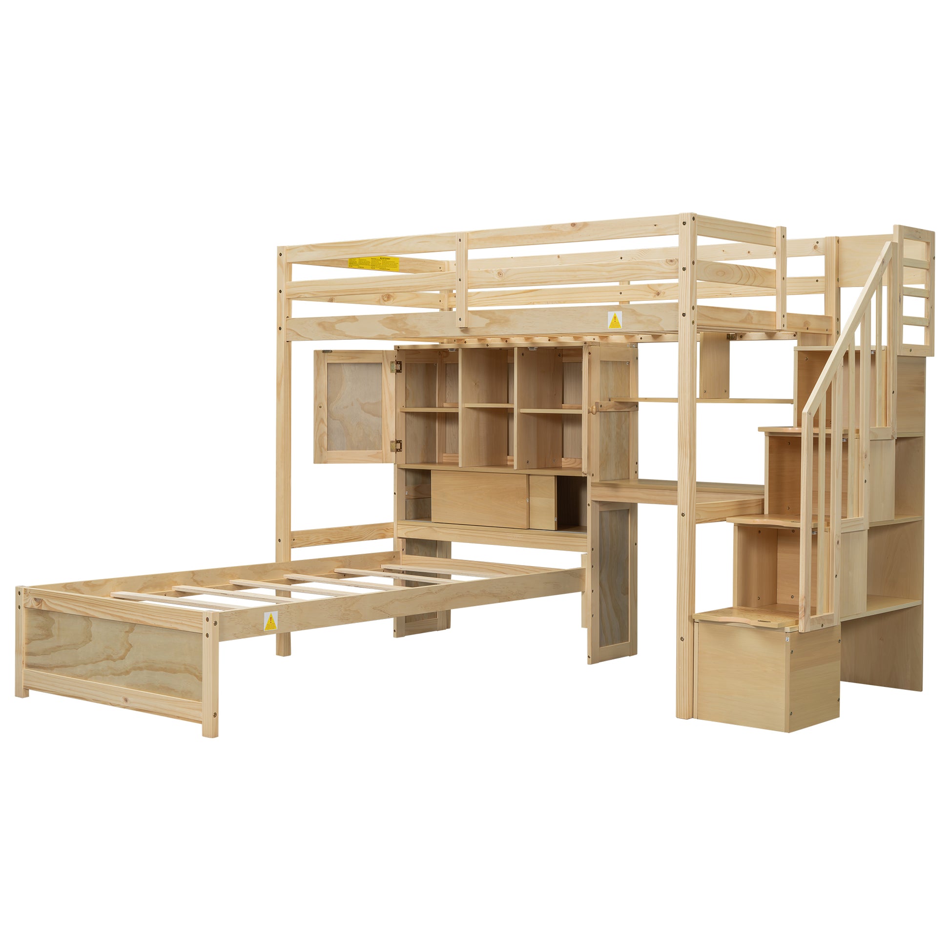 Twin Over Twin Loft Bed With Built In Desk And Staircase, With Storage Compartments And Shelves, Natural Twin Box Spring Not Required Natural Wood Pine