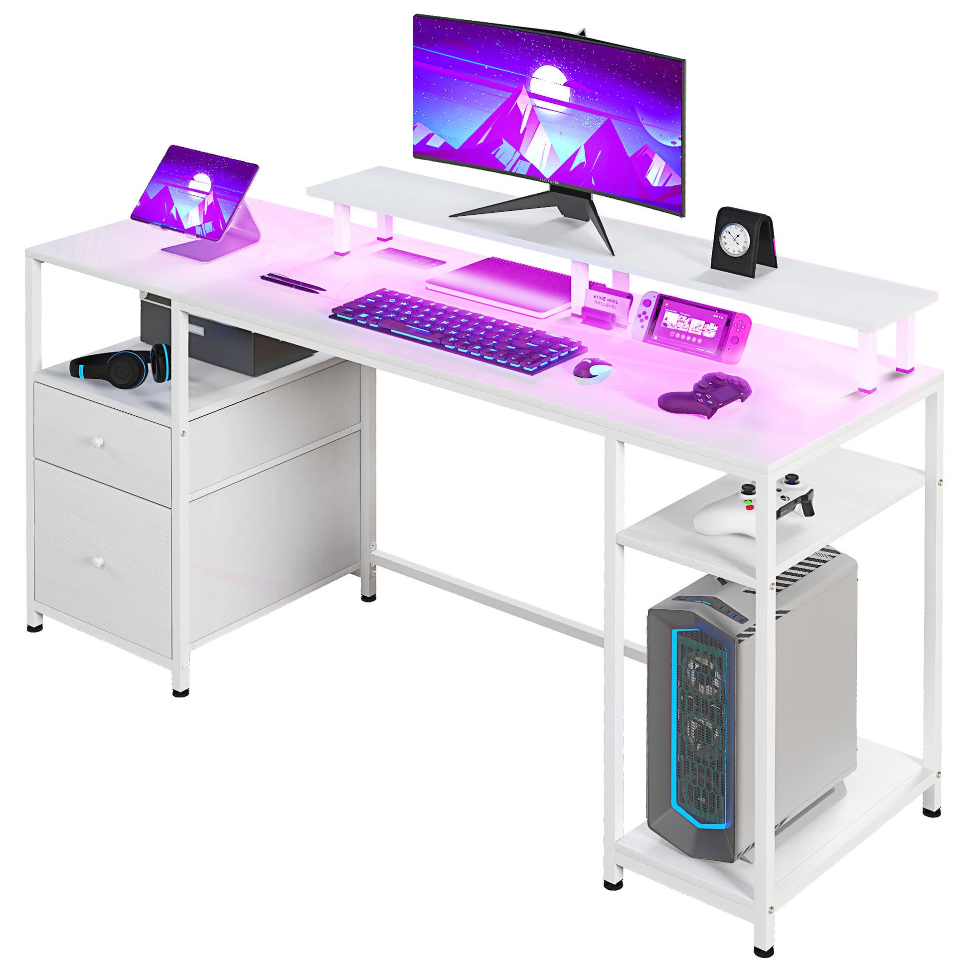 Homcom 61" Computer Desk With Led Lights, Power Outlets, And Usb Ports, Gaming Desk With Storage Shelves, Monitor Stand, Fabric Drawers & Remote For Home Office Study, Distressed White White Particle Board