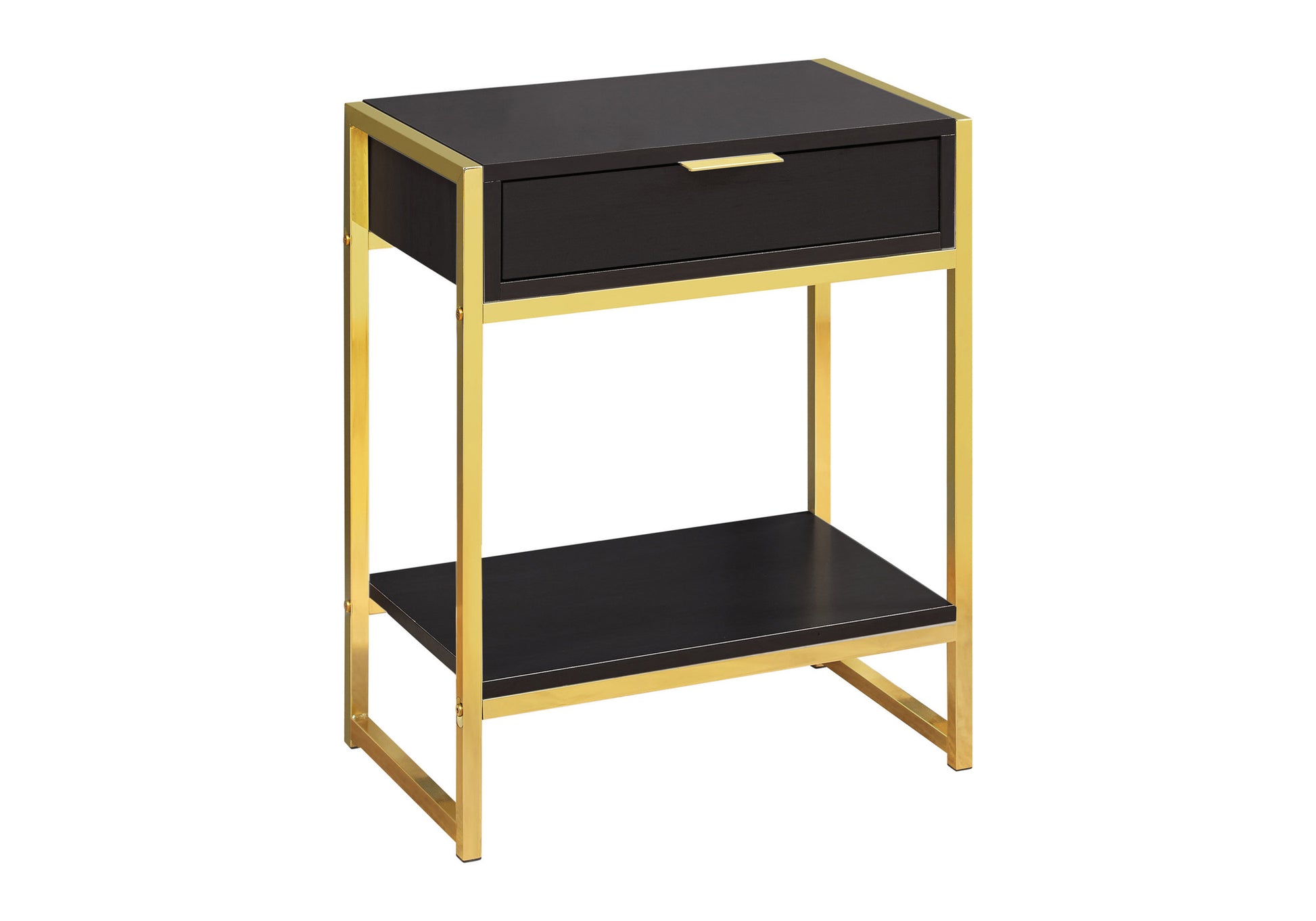 Accent Table, Side, End, Nightstand, Lamp, Storage Drawer, Living Room, Bedroom, Brown Laminate, Gold Metal, Contemporary, Modern Brown Gold Particle Board