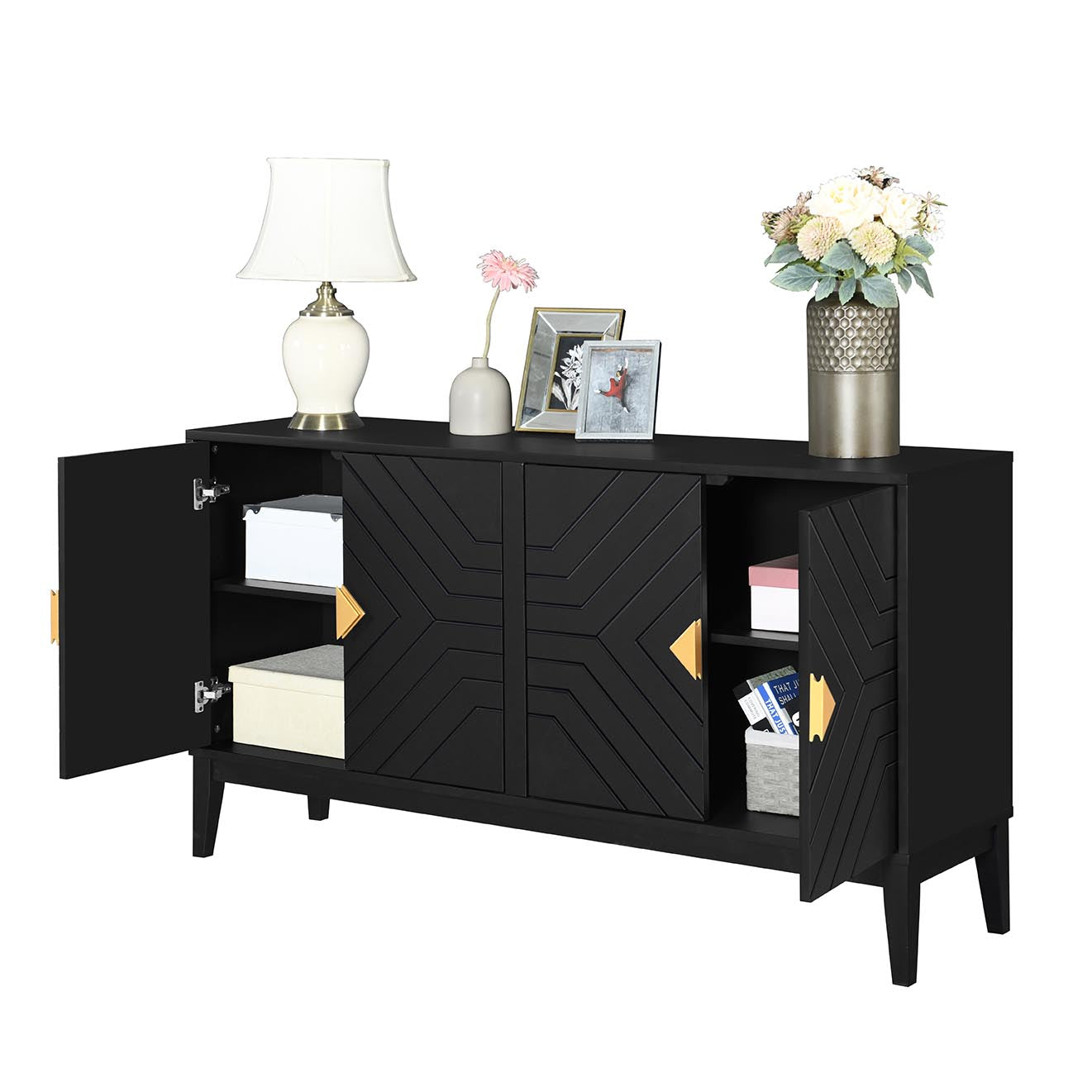 4 Door Sideboard Storage Cabinet For Living Room And Dining Room, Two Large Cabinets With Gold Handles And Adjustable Shelf, Black Black Rubberwood Solid Wood Mdf