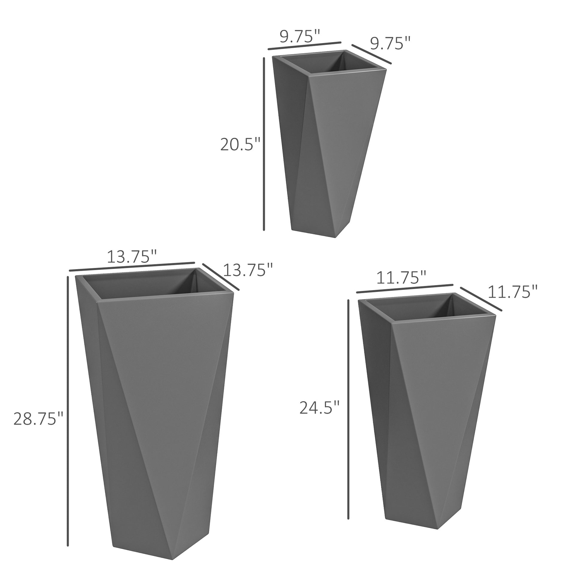 Outsunny Set Of 3 Tall Planters, 28.75", 24.5", 20.5", Mgo Indoor Outdoor Planters With Drainage Holes, Stackable Flower Pots For Garden, Patio, Balcony, Front Door, Gray Gray Magnesium Oxide