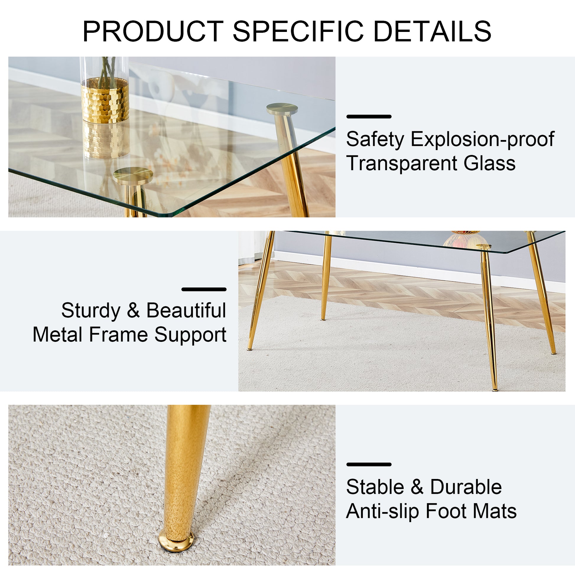 Table And Chair Set.Modern Rectangular Glass Dining Table With A Tempered Glass Tabletop And Metal Legs, Paired With Multiple Chairs Designed With Pu Cushions And Golden Metal Legs. Black Gold Seats 6 Tempered Glass