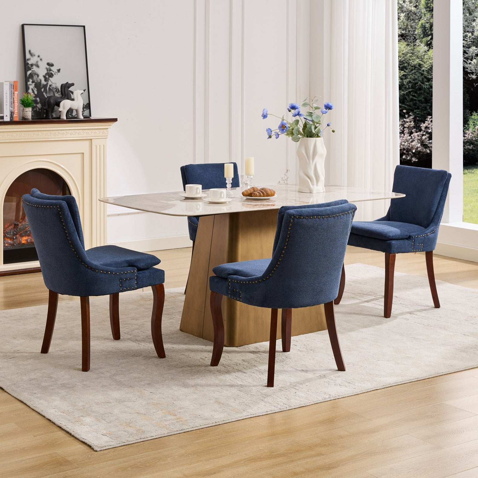 Modern Dining Chairs Set Of 2,Double Layer Cushioned Chenille Fabric Upholstered Accent Side Leisure Chairs With Mid Back And Curved Solid Wood Legs For Living Room Dining Room Blue Blue Dining Room American Design Dining Chairs Rubberwood Set Of 2 Foam