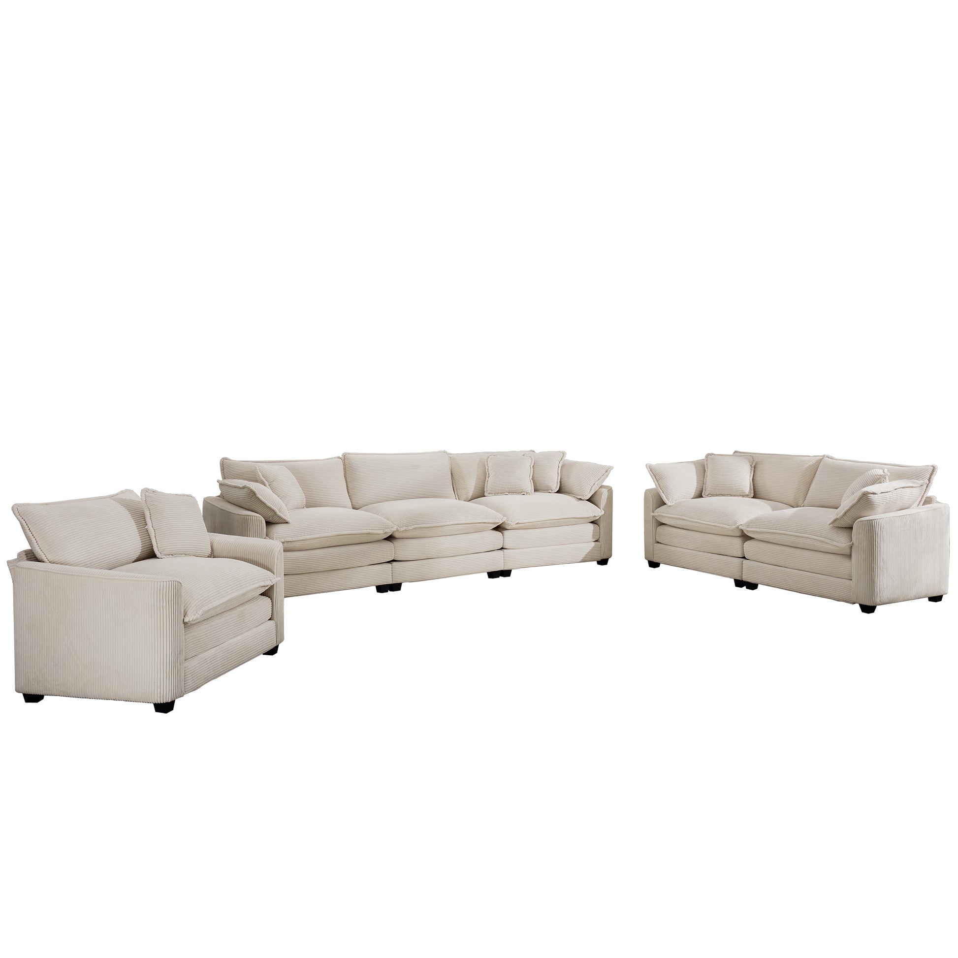 3 Piece Sofa Set, Comfortable Oversized Sofa With One Single Sofa, One 2 Seater Sofa And One 3 Seater Sofa, Light Beige Corduroy Deep Seat Sofa Beige Corduroy 6 Seat