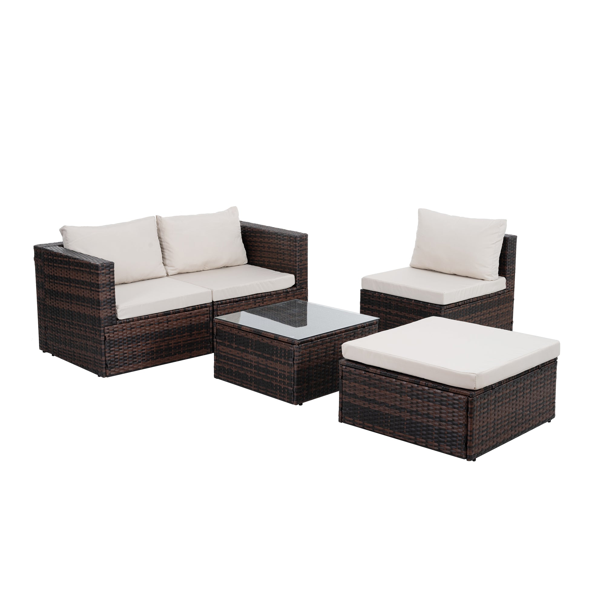 Patio Furniture, Outdoor Furniture, Seasonal Pe Wicker Furniture, 5 Set Wicker Furniture With Tempered Glass Coffee Table Brown Seats 4 Pe Rattan Iron Waterproof Fabric