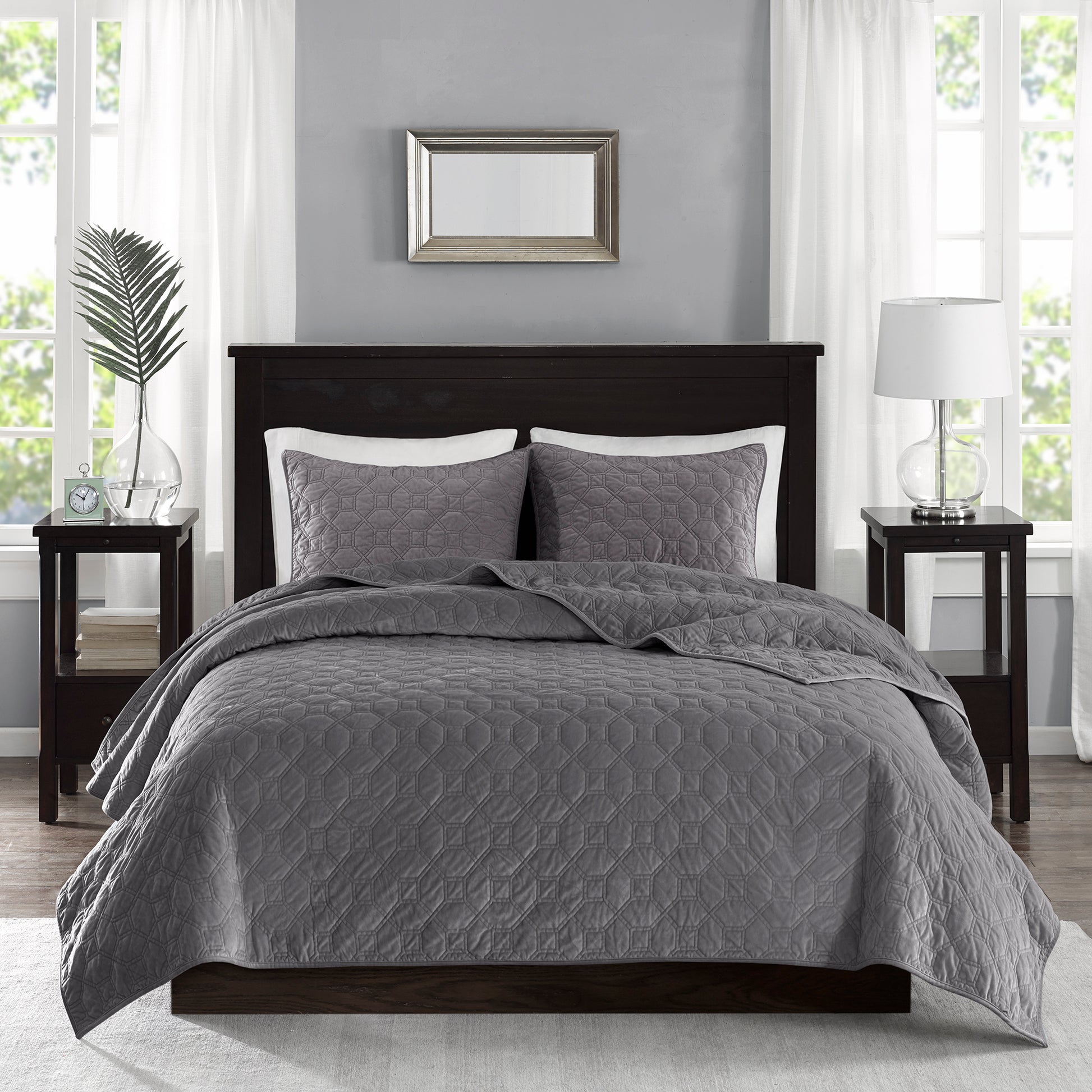 3 Piece Velvet Quilt Set Grey King Cal King King Grey Cotton