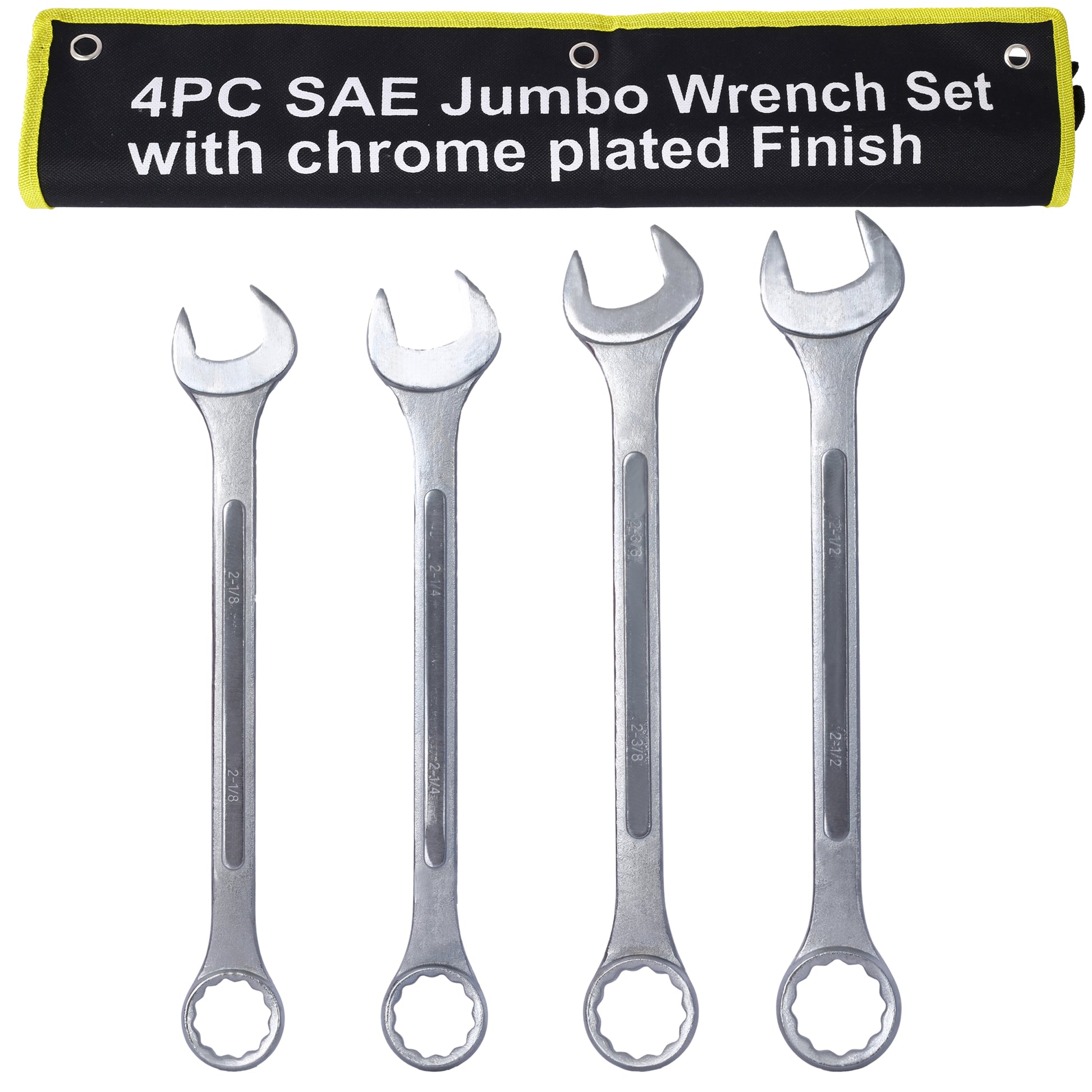 Sae Jumbo Combination Wrench Set Extra Large, 4 Piece ,Storage Bag Included Chrome Plated Chrome Carbon Steel