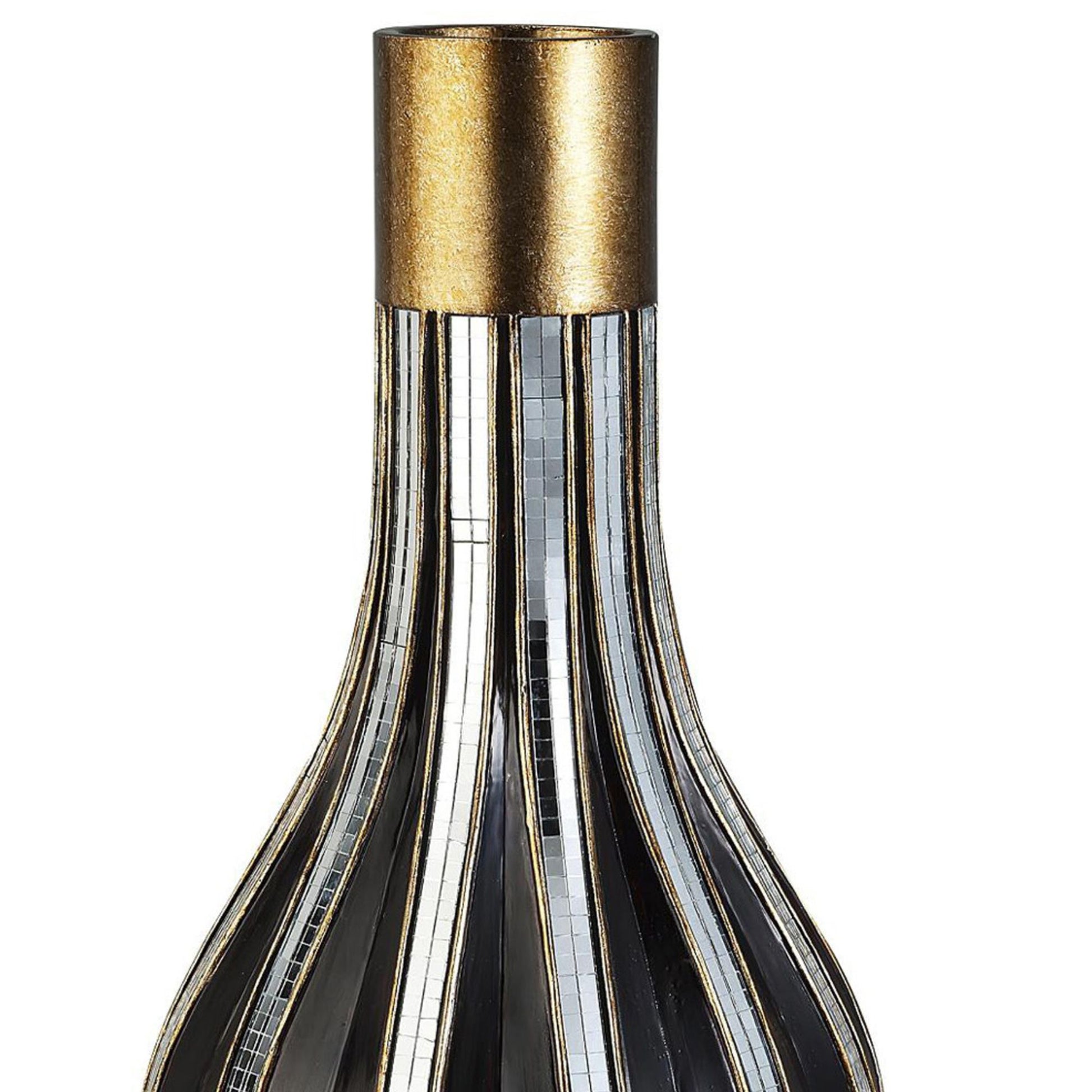 16.25" Tall Polyresin Decorative Vase, Gold Finish With Mosaic Glass Stripes Multicolor Polyresin