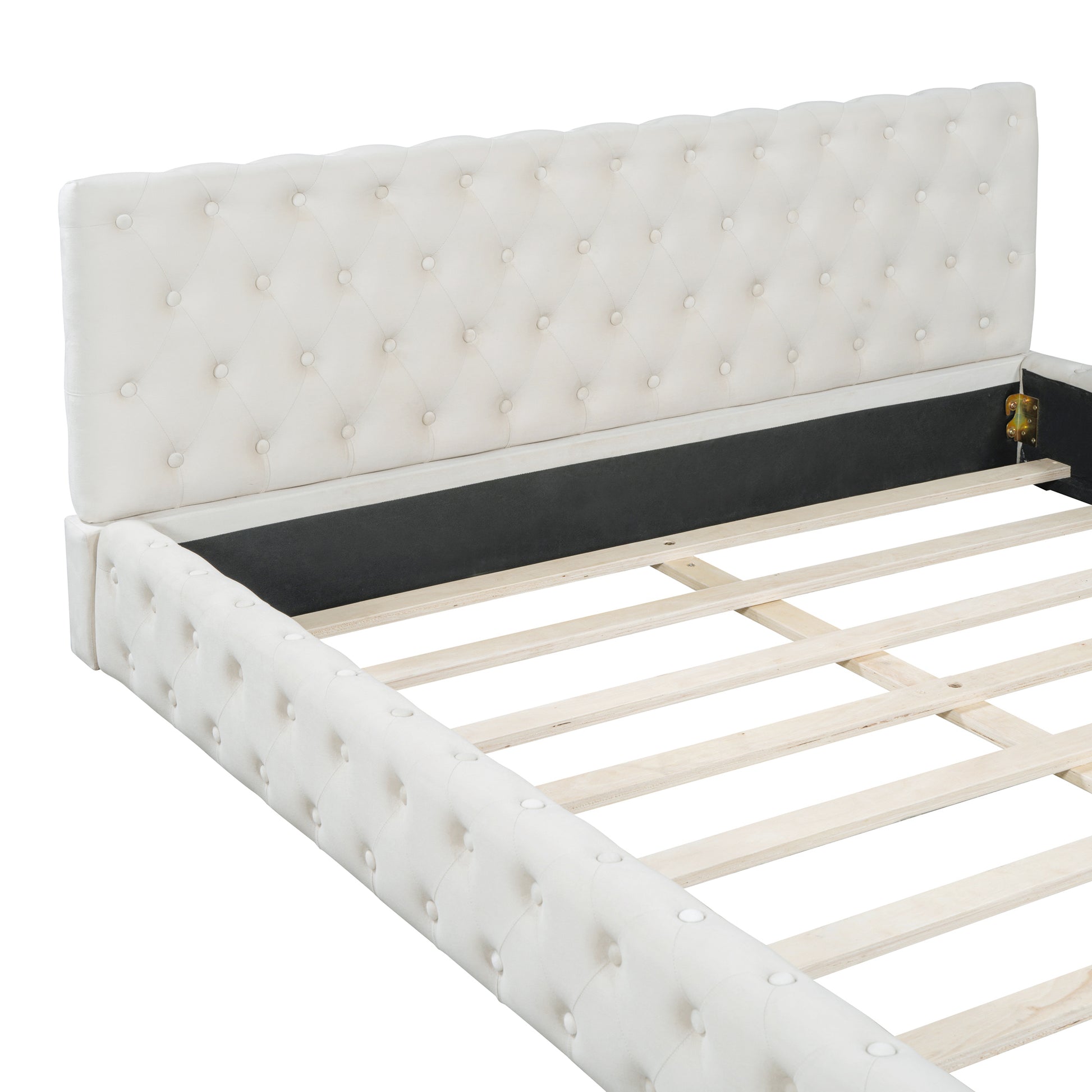Queen Size Velvet Upholstered Platform Bed, With Luxurious Diamond Grid Headboard,Beige Queen Beige Plywood