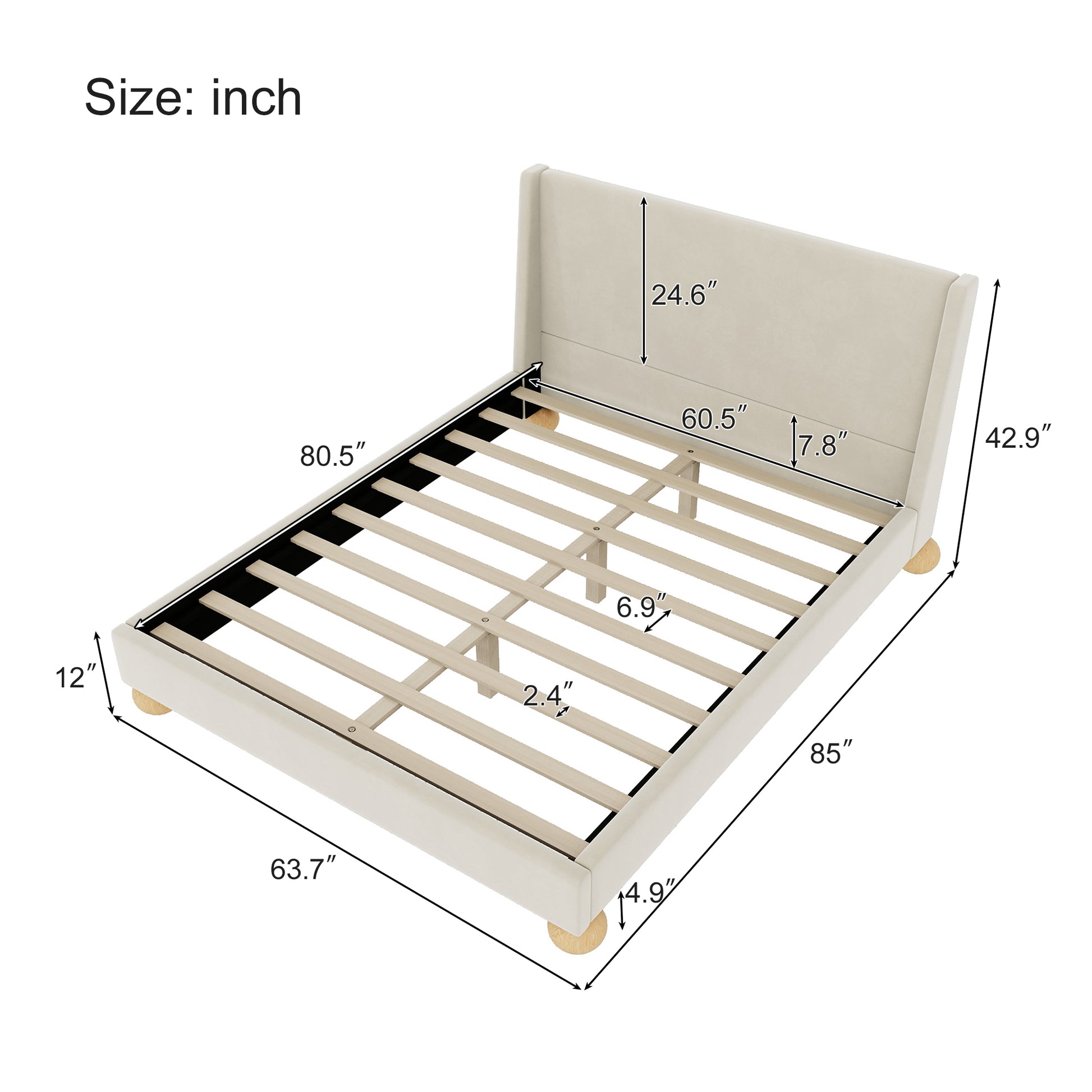 Modern Velvet Upholstered Platform Bed With Wingback Headboard And Round Wooden Legs, Cream,Queen Size Box Spring Not Required Queen Cream Wood Bedroom Modern Bed Frame Velvet Wood