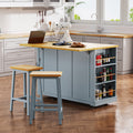 K&K 53Inch Large Kitchen Island With 2 Bar Stools, Power Outlet,Door Internal Storage Rack,Kitchen Storage Cart On 5 Wheels With Drop Leaf,5 Open Side Racks,3 Drawers For Kitchen,Dining Room,Grey Blue Grey Blue Gray Kitchen