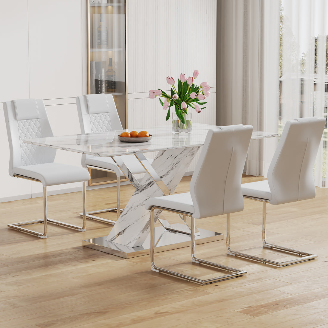 Table And Chair Set, Modern Dining Table, Imitation Marble White Top And Silver Legs, Soft And Comfortable Dining Chair, Perfect For Dinner, Meetings, Home And Office Decor White Silver Glass Metal