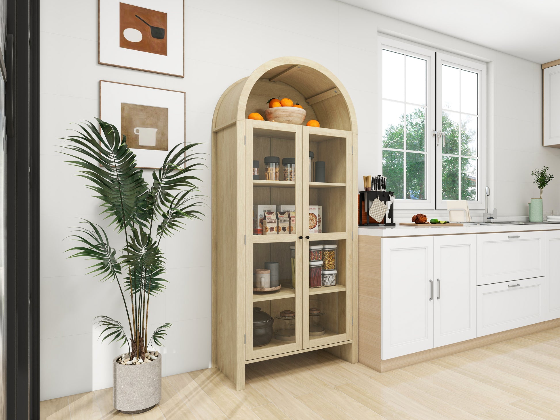 70.28" Tall Arched Kitchen Pantry, Modern Farmhouse Wood Kitchen Storage Cabinets ,Arched Storage Display Cabinet With Adjustable Shelves, Versatile Cupboard For Kitchen, Dining Room, Living Room