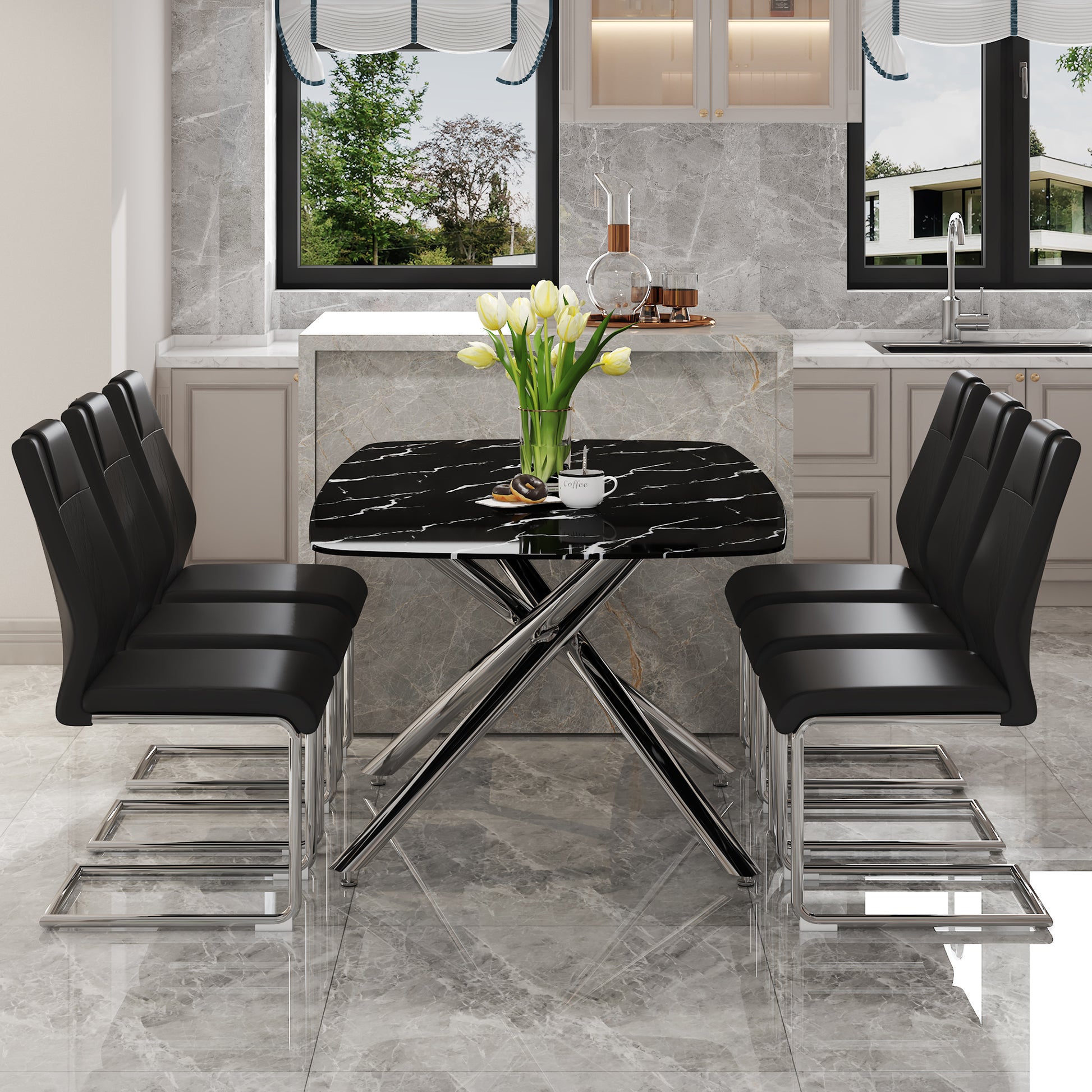 Table And Chair Set, Large Modern Minimalist Rectangular Dining Table, 0.39 "Imitation Marble Tabletop And Silver Metal Legs, Soft Leather Seats. F 1537 Silver Glass Metal