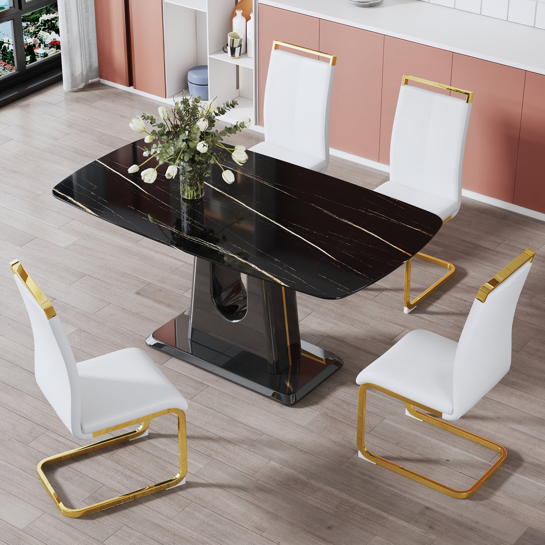 1 Table And 4 Chairs. Modern, Simple And Luxurious Black Imitation Marble Rectangular Dining Table And Desk With 4 White Pu Gold Plated Leg Chairs 63'' X 35.4'' X 30'' White Black Mdf