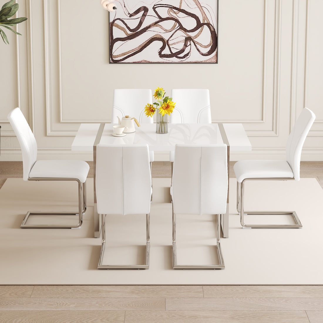 Table And Chair Set.55"X31.5" Mdf Painting Dining Table Set With 6 Pu Chairs.Showcasing A Modern And Stylish Look.Suitable For Dining Room.Mdf Painting,Iron Pipe Plating,Pu Chiairs,White. White