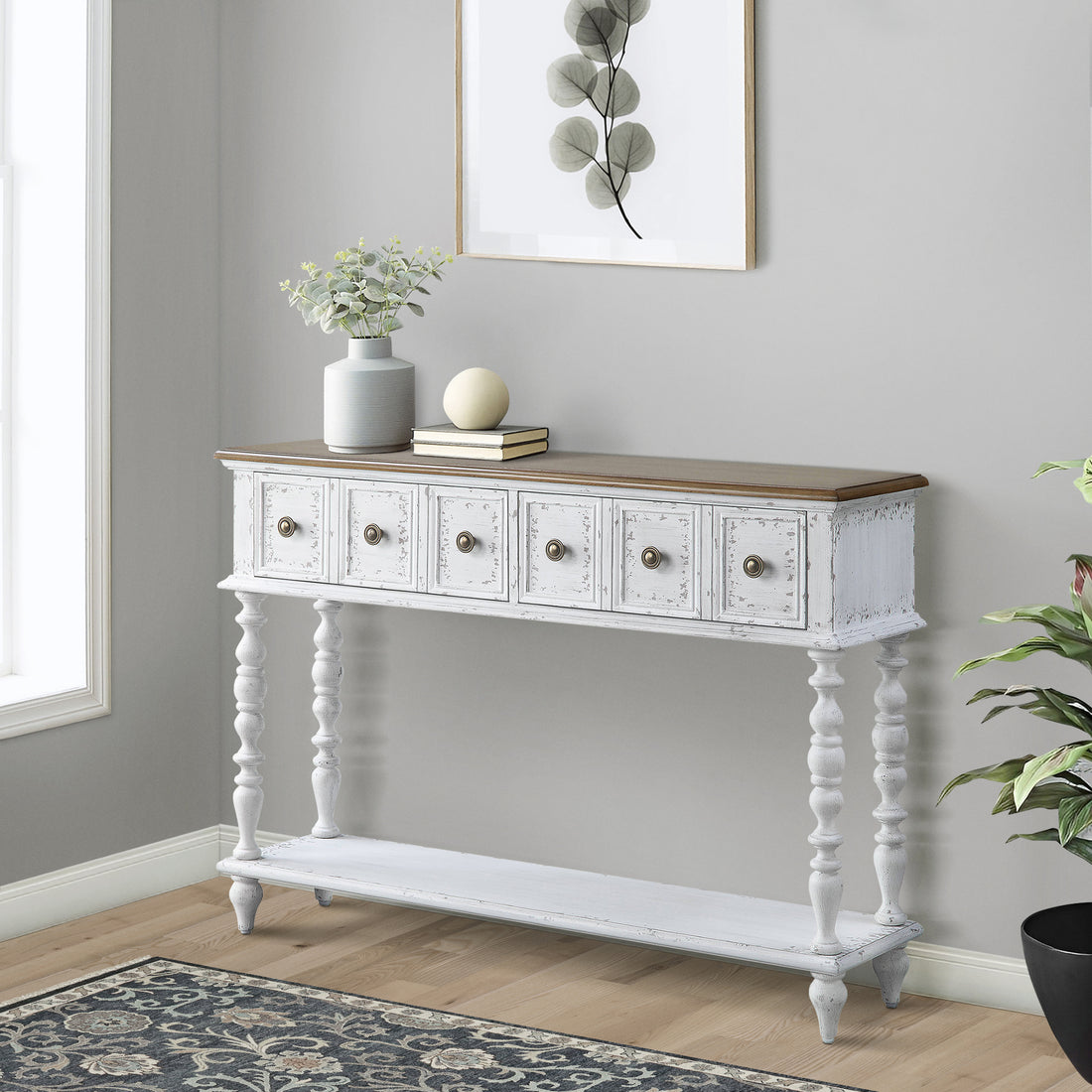 Dark Charcoal And Antique White Console Table White Primary Living Space Rubberwood Drawers Rectangular Wood