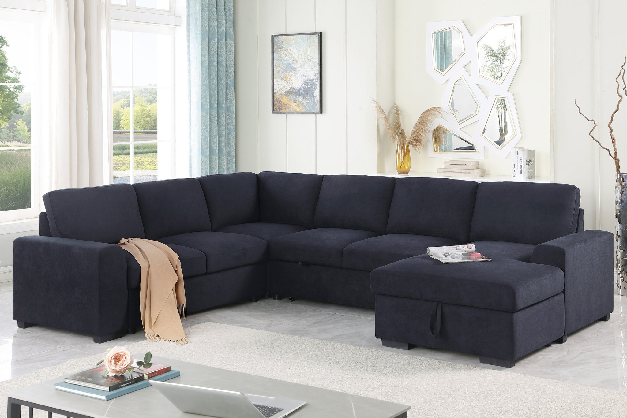 Selene Ii 117.5"W Dark Gray Woven Fabric Sleeper Sectional Sofa With Right Facing Storage Chaise Dark Gray Fabric 6 Seat