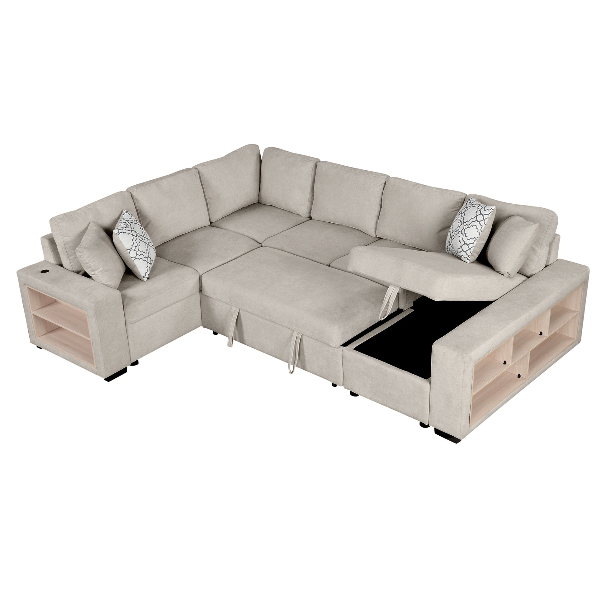 109" U Shaped Sectional Sofa Pull Out Sofa Bed With Two Usb Ports, A Storage Chaise Lounge And Four Back Pillows For Living Room, Beige Beige Foam Chenille 5 Seat