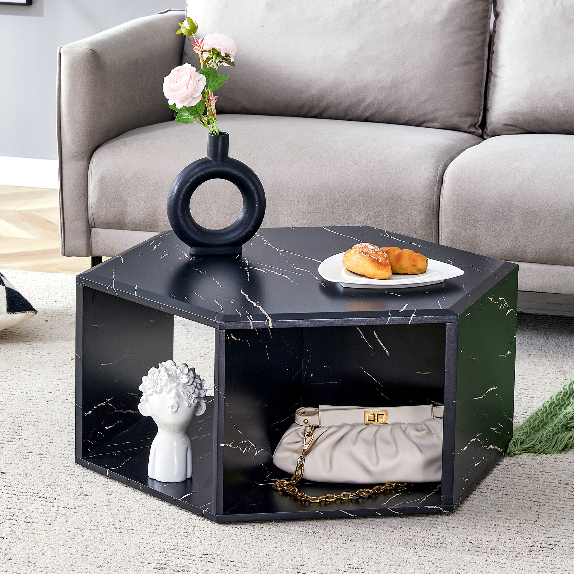 Hexagonal Mdf Coffee Table, Characteristic Pattern Stickers, Multi Hole Design To Give More Storage Space, Simple And Convenient Design Makes It Suitable For All Kinds Of Style Scenes. Black Mdf