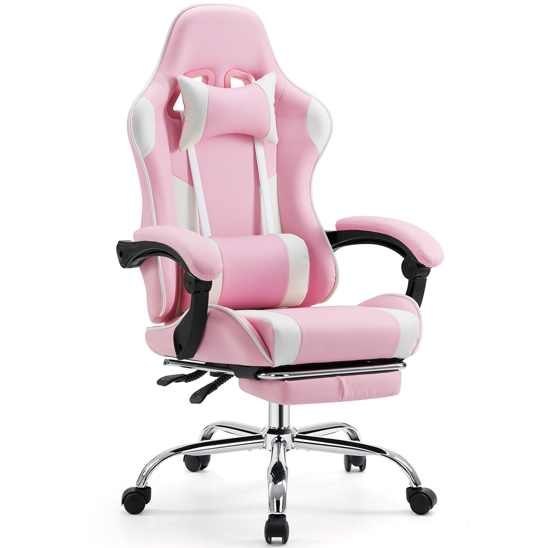 Video Game Desk Chair Ergonomic Computer With Footrest And Comfy Lumbar Support, Pu Leather Recliner With Headrest, Fixed Up Armrest, Height Adjustable With 360 Swivel, For Adults, Pink Pink White Faux Leather