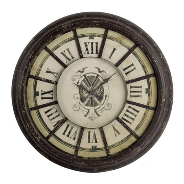 Oversized Wood And Metal Wall Clock With Distressed Details, Antique Gray And Cream Brown Wood