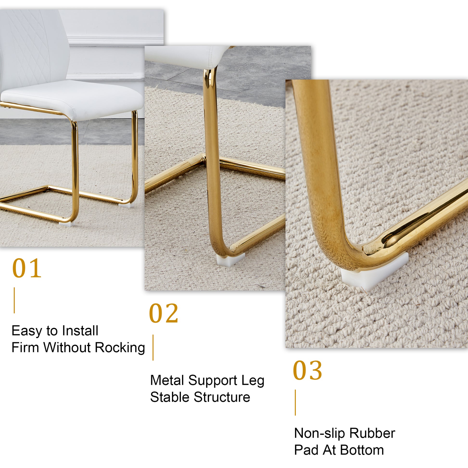 Table And Chair Set.Modern Rectangular Dining Table With Transparent Tempered Glass Tabletop And Gold Plated Metal Legs.Paried With 6 Comfortable Chairs With Pu Seats And Golden Metal Legs. Transparent,White Gold Seats 6 Glass Metal
