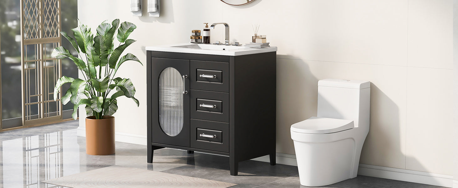 30" Bathroom Vanity With Sink, Bathroom Vanity Cabinet With Two Drawers And Door, Adjustable Shelf, Solid Wood And Mdf, Black Black Solid Wood Mdf