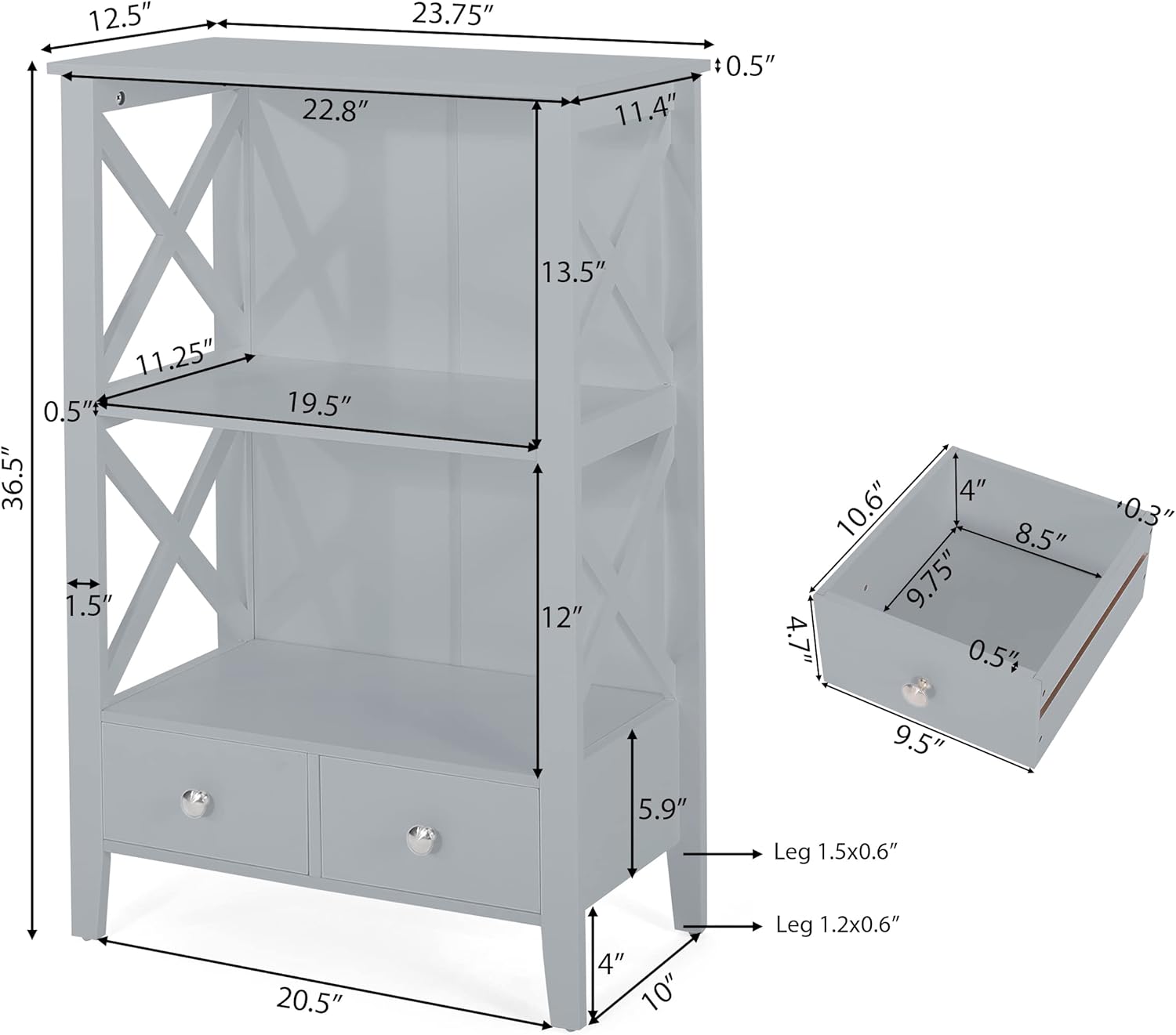 2 Drawer Storage Rack Gray Mdf