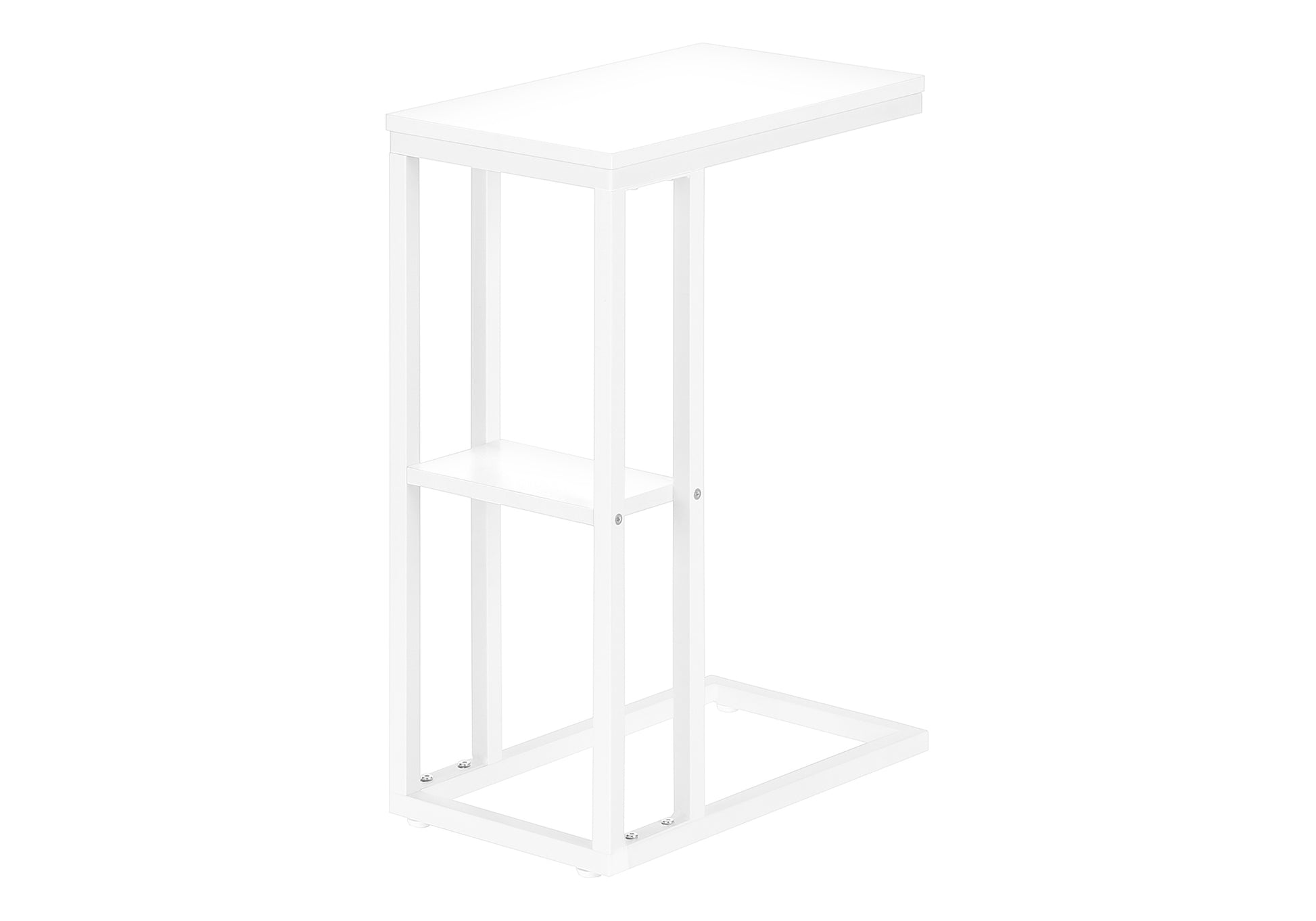 Accent Table, C Shaped, End, Side, Snack, Living Room, Bedroom, White Laminate, White Metal, Contemporary, Modern White Particle Board