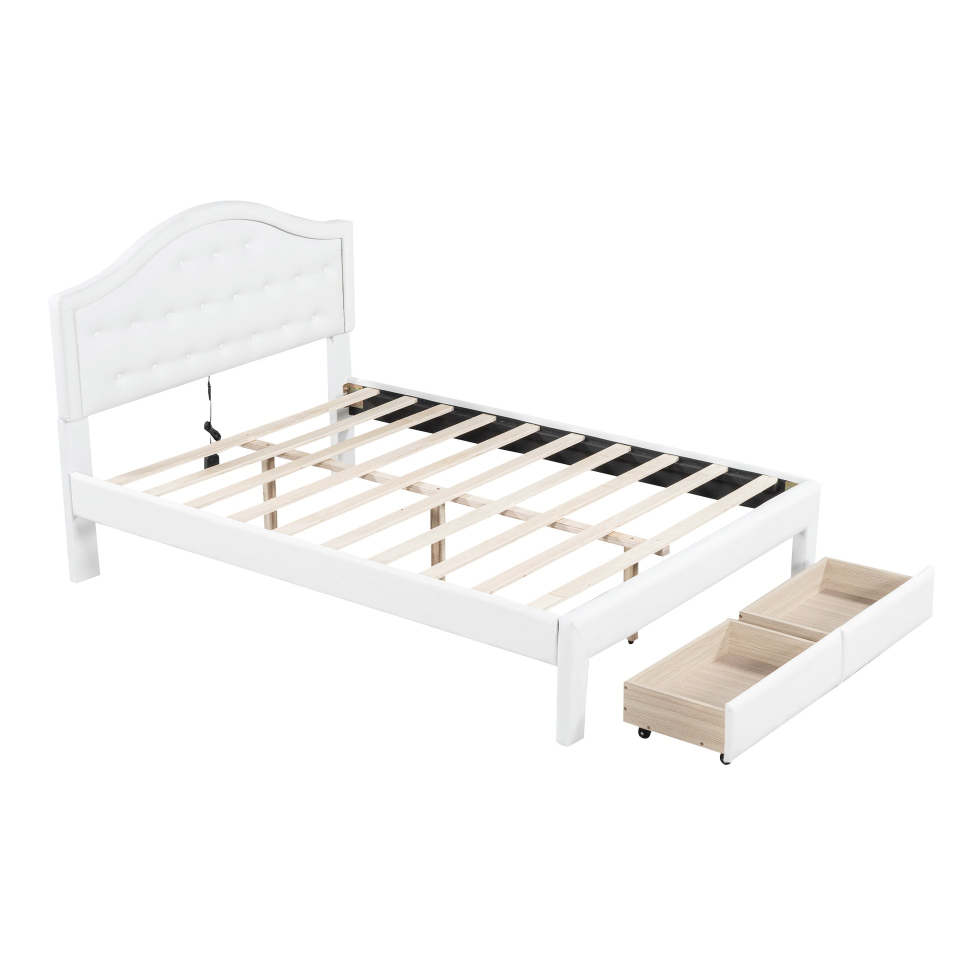 Full Size Upholstered Platform Bed With Tufted Headboard, Led And 2 Drawers, White Box Spring Not Required Full White Wood Bathroom Bed Frame Faux Leather Upholstered